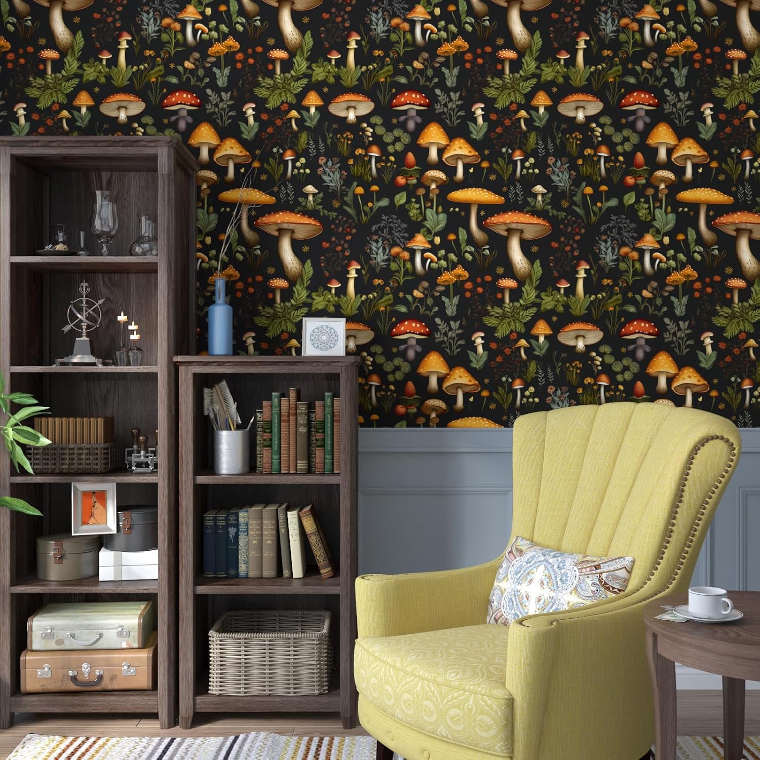 Laatse Mushrooms Wallpaper Peel and Stick Drak Floral Contact Paper Vintage Self Adhesive Wall Mural Boho Botanicl Wall Paper for Room Walls Stairs Countertop Decor 17.5in x 118in