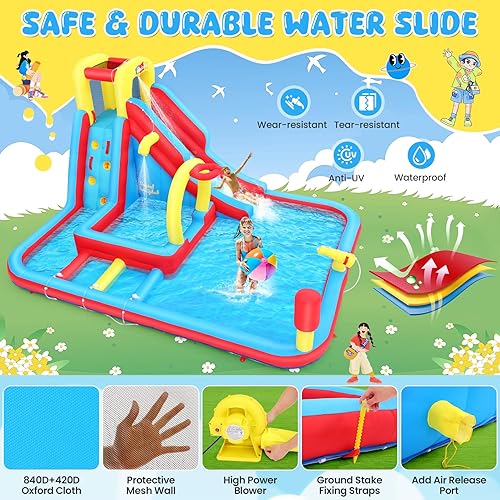 Miniatura 6 de Whubefy Tobogán acuático inflable para niños con obstáculos de agua, parque acuático inflable de 13 x 10 pies con tobogán/piscina profunda con