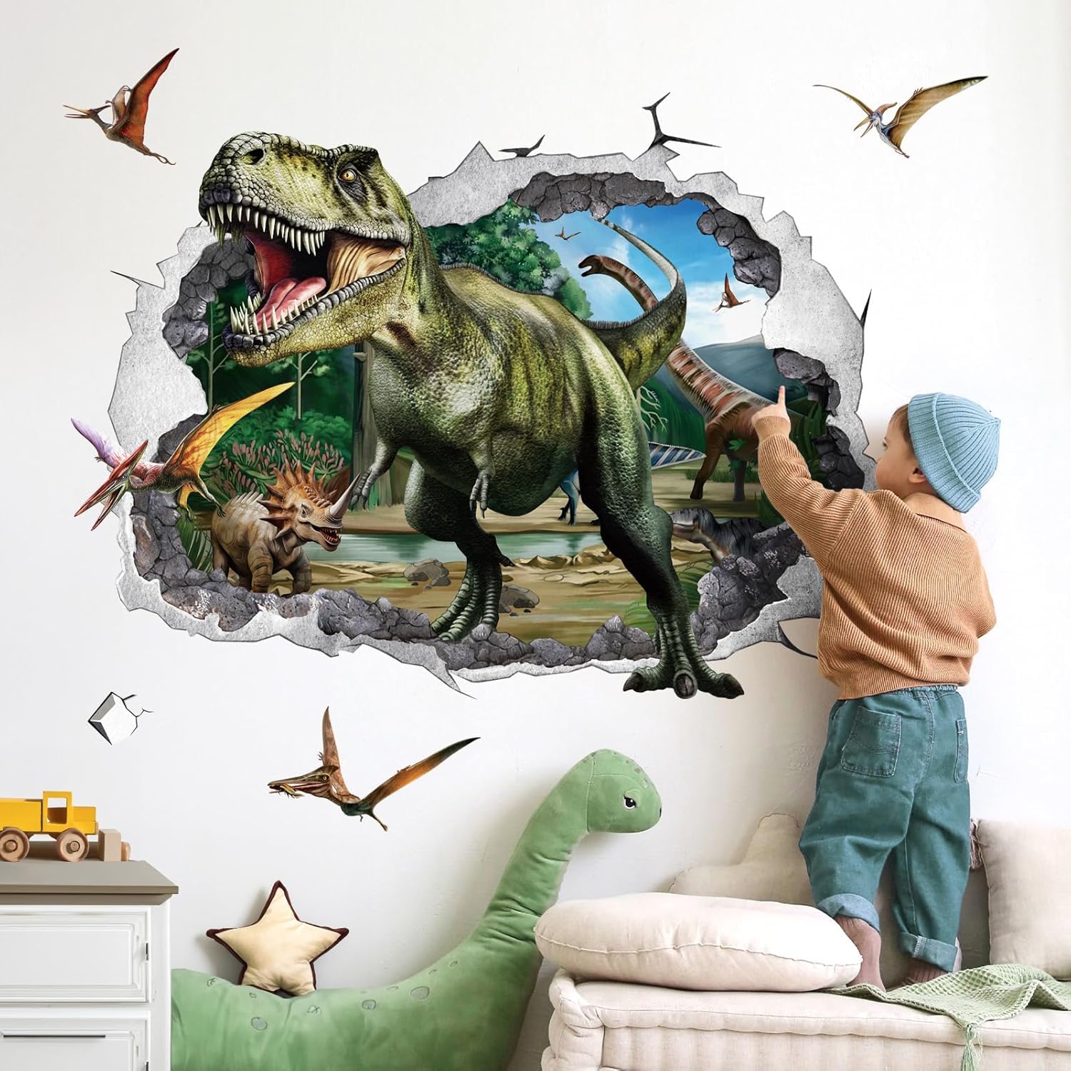 3D Large Dinosaur Wall Stickers Dino Crack Hole Dinosaur Animal Peel and Stick Wall Art Decals for Boys Room Baby Nursery Kids Bedroom-image-3