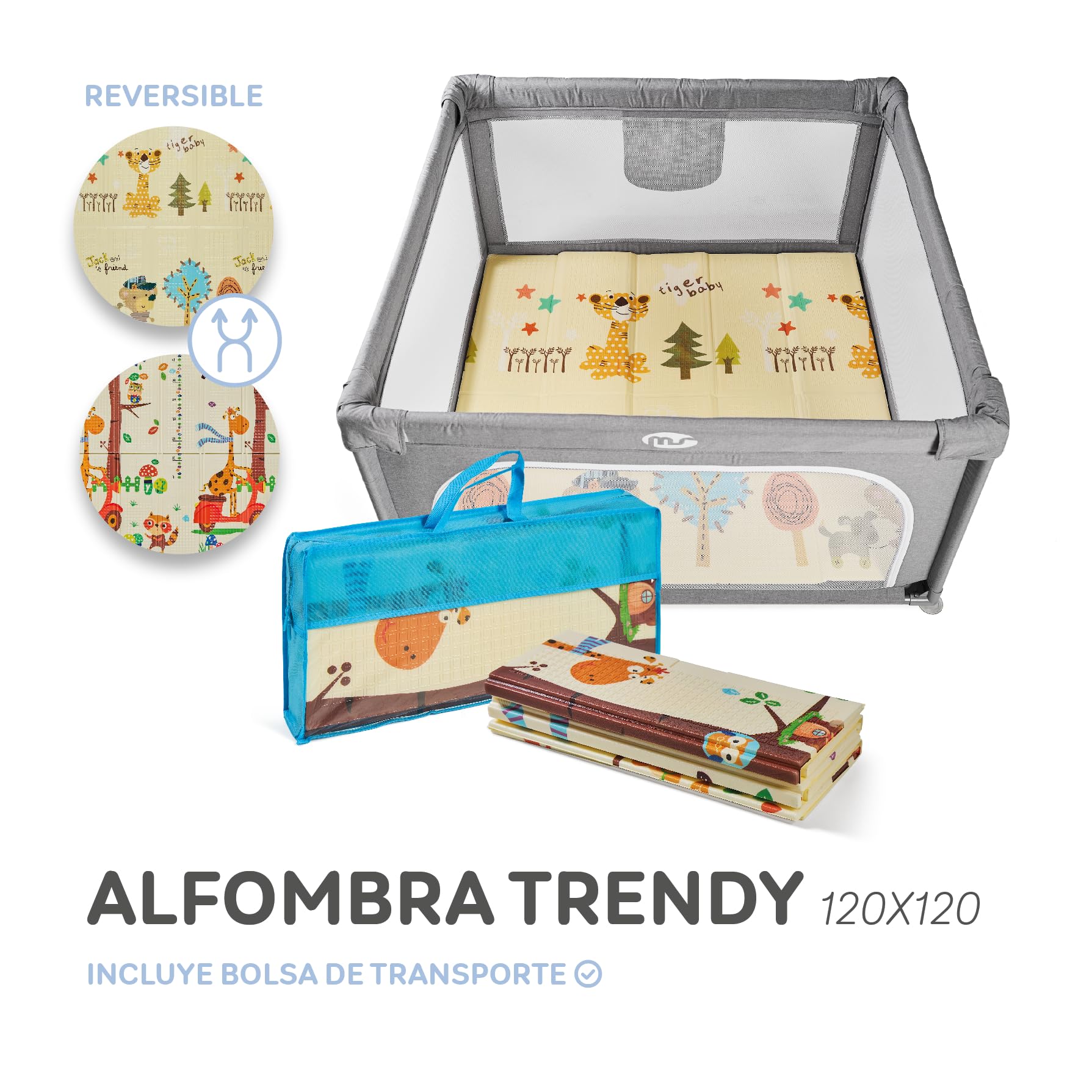 MS BabyWorld - Recinto per bambini L + Tappeto gioco per bambini 120 * 120cm - Tappeto bifacciale, altamente imbottito (spessore 1 cm), Box molto grande e alto - pieghevole e con borsa trasporto