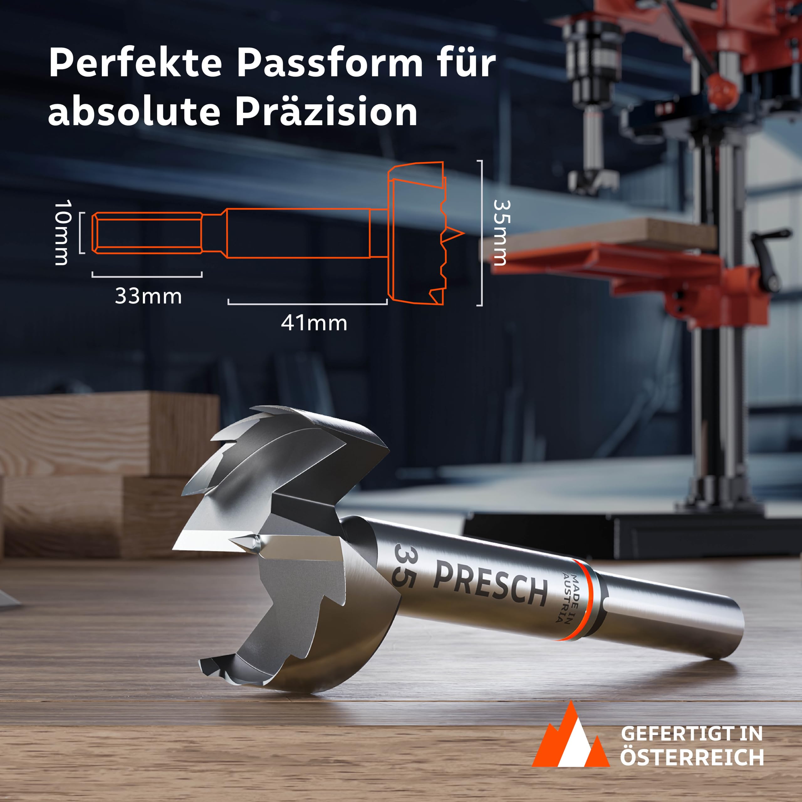 Presch Forstnerbohrer Ø 35mm - Extrem scharfer, langlebiger Astlochbohrer - Hochpräzise Zentrierspitze für perfekten Rundlauf - Zuverlässige Leistung dank optimierter Standzeit