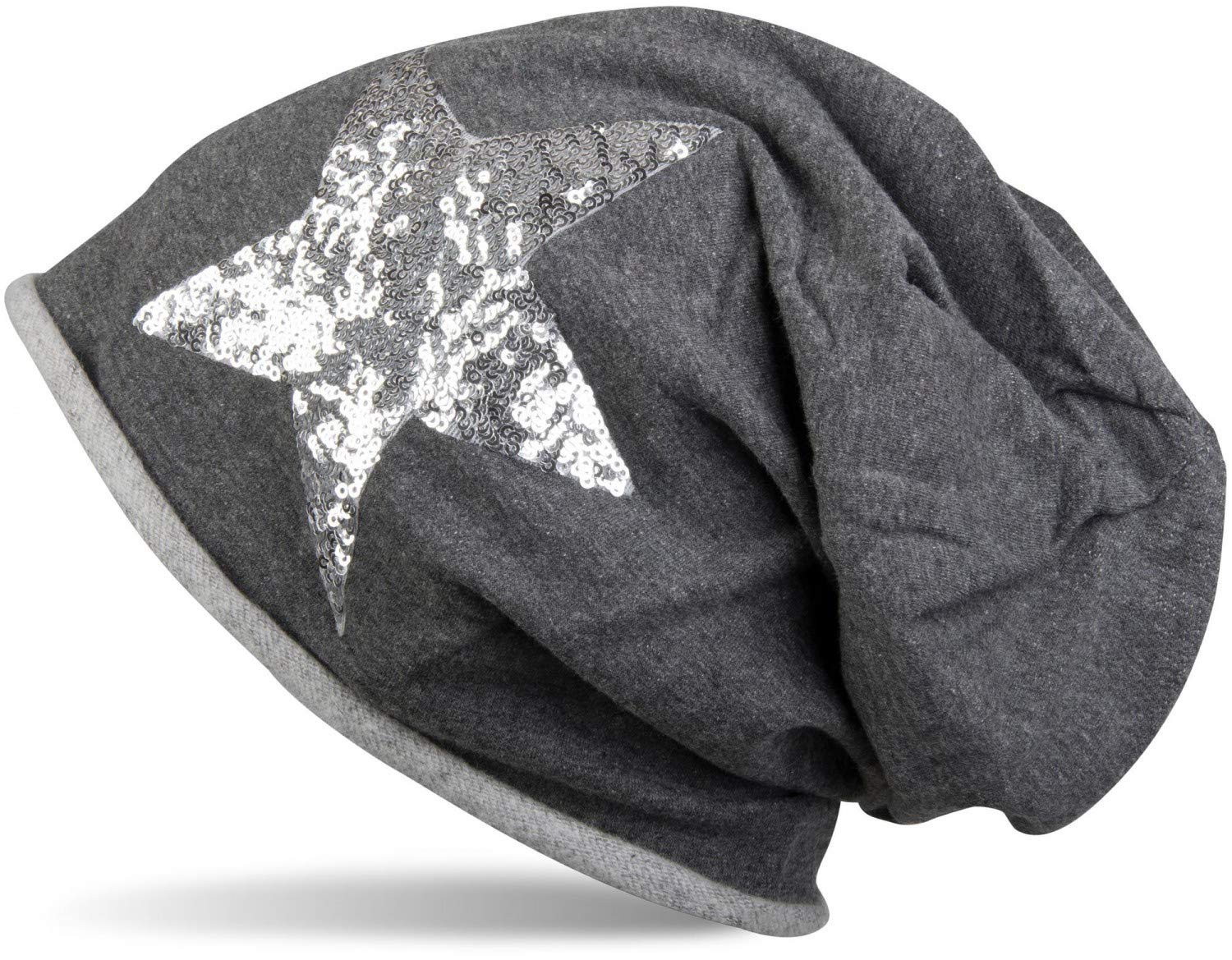 styleBREAKER Silver Star Sequined Slouch Beanie with Rolled Cuff, Ladies 04024056, Colour:Mottled Dark Grey
