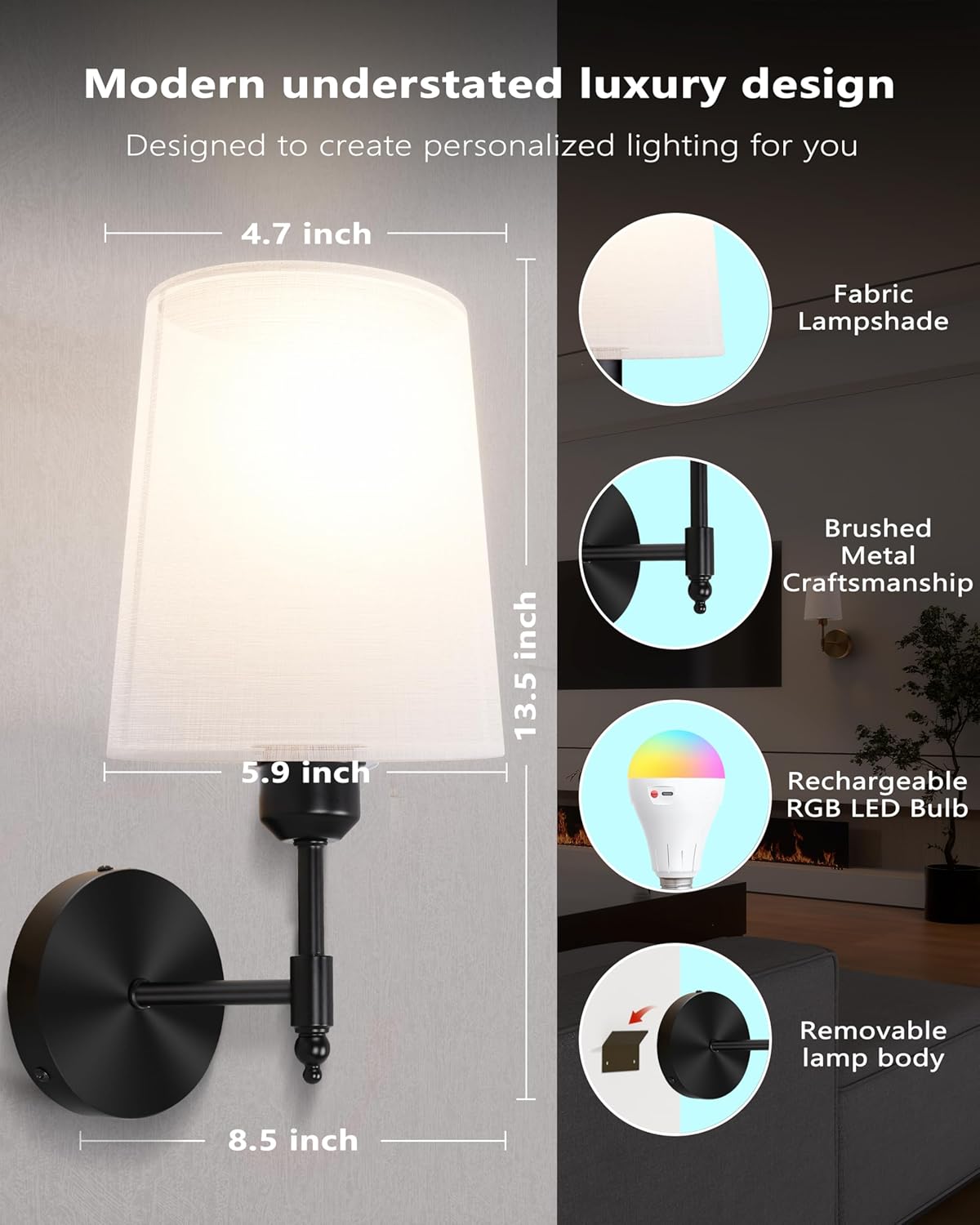 Ouyulong Battery Operated Wall Sconces Wireless Rechargeable Dimmable Wall Light with 5600mAh RGB Bulb and Remote for Bedroom, Living Room, Hallway (Black)