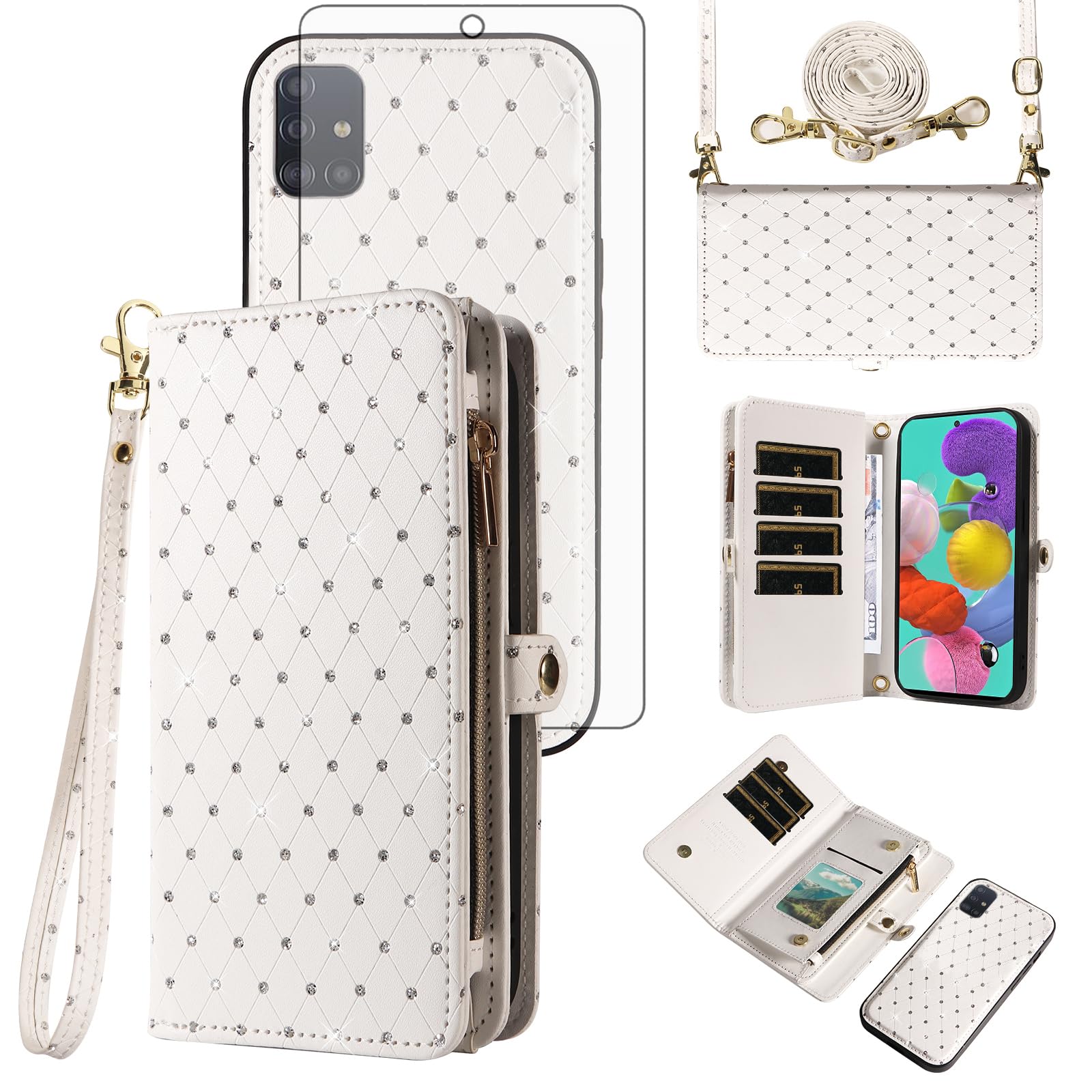 Asuwish Phone Case for Samsung Galaxy A51 4G Zipper Wallet Detachable Cell Cover with Tempered Glass Screen Protector Crossbody Strap Glitter Flip