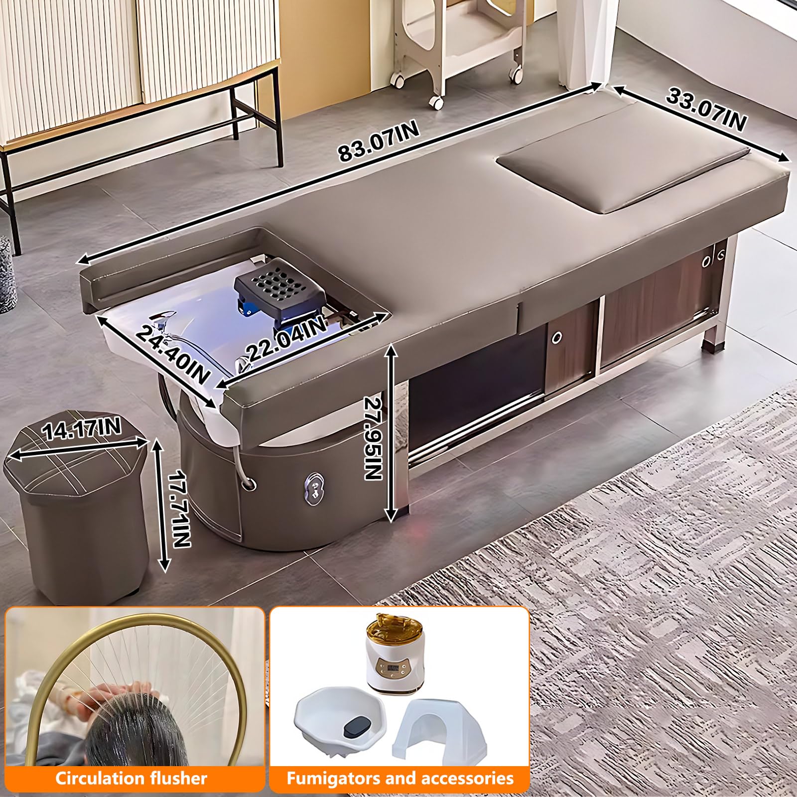 Head Spa Whirlpool Nosze z umywalką ceramiczną (cykl wody i fumigacji), wanna do stóp, stół kosmetyczny, dużo miejsca do przechowywania - brązowy