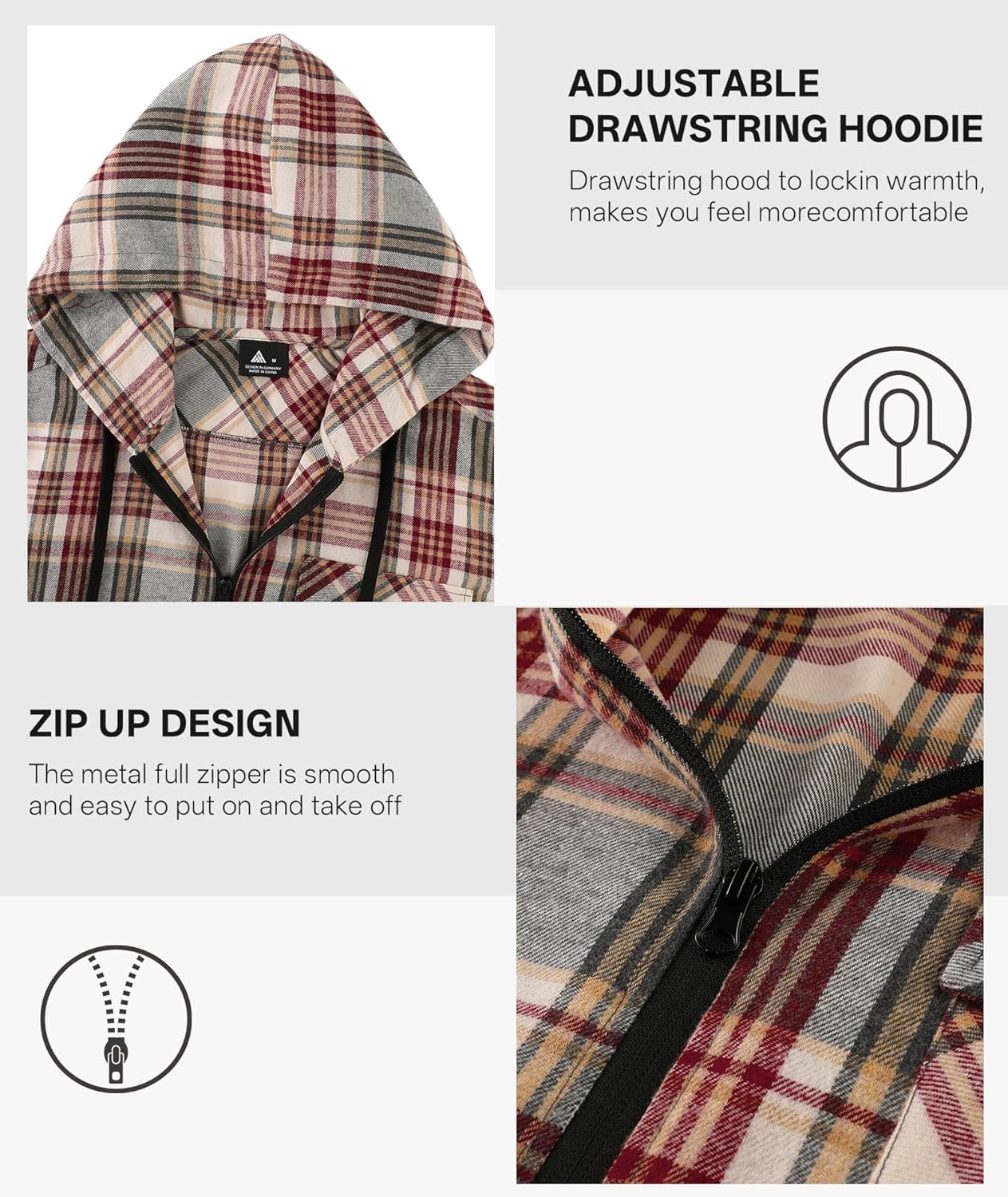 Hooded Flannel Shirt for Men Spring Casual Zip Up Plaid Hoodie Stylish Long Sleeve Plaid Shirts with Pocket - Image 9