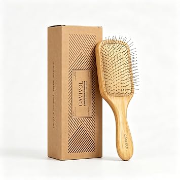 Bamboo Paddle Hair Brush with Metal Bristles Boar Bristle Alternative, Anti-Static Detangling & Scalp Massage for Hair Growth Wood Handle All Hair Types for Women, Men & Kids, Wet Brush