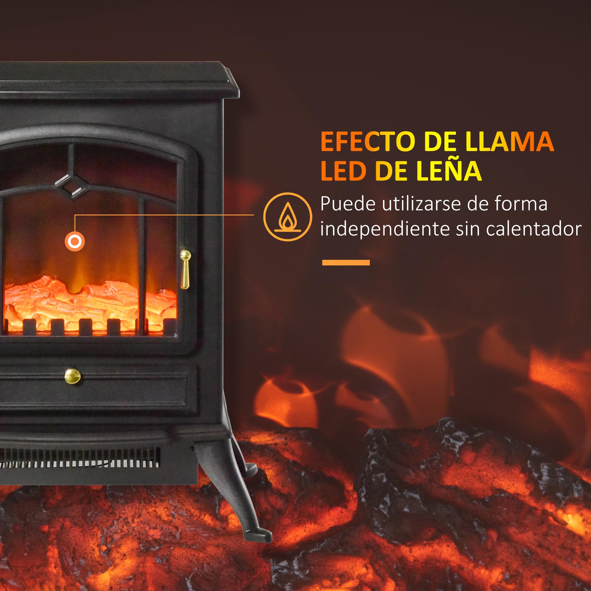 HOMCOM Chimenea Eléctrica Portátil 1000/2000W Chimenea Decorativa de Pie con Efecto de Llama Termostato y Protección contra Sobrecalentamiento para Sala 15-20 m² 45x28x54 cm Negro