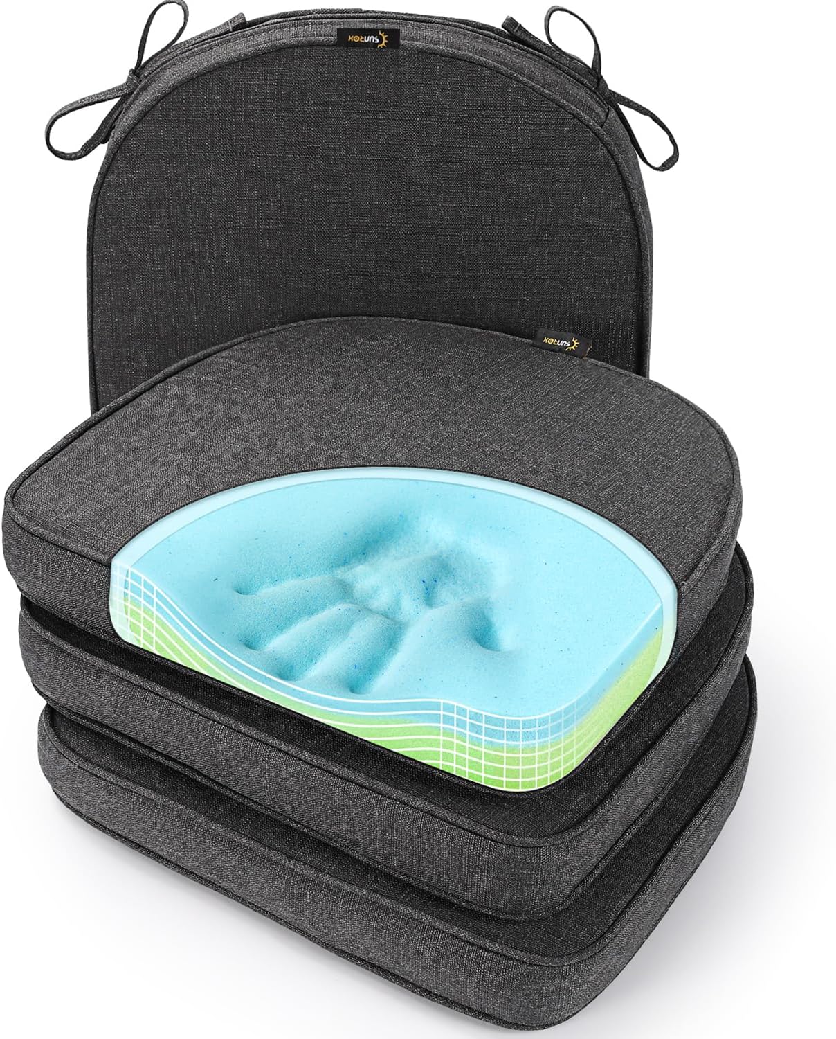 SUNROX Gel Memory Foam Chair Cushions, FadeShield Water-, Stain-Resistant Durable Reversible Seat Cushion Pads with Ties for Indoor/Outdoor Kitchen Dining Office, 19"x19", Set of 4, Midnight Midnight 19x19 Inch (Pack of 4)