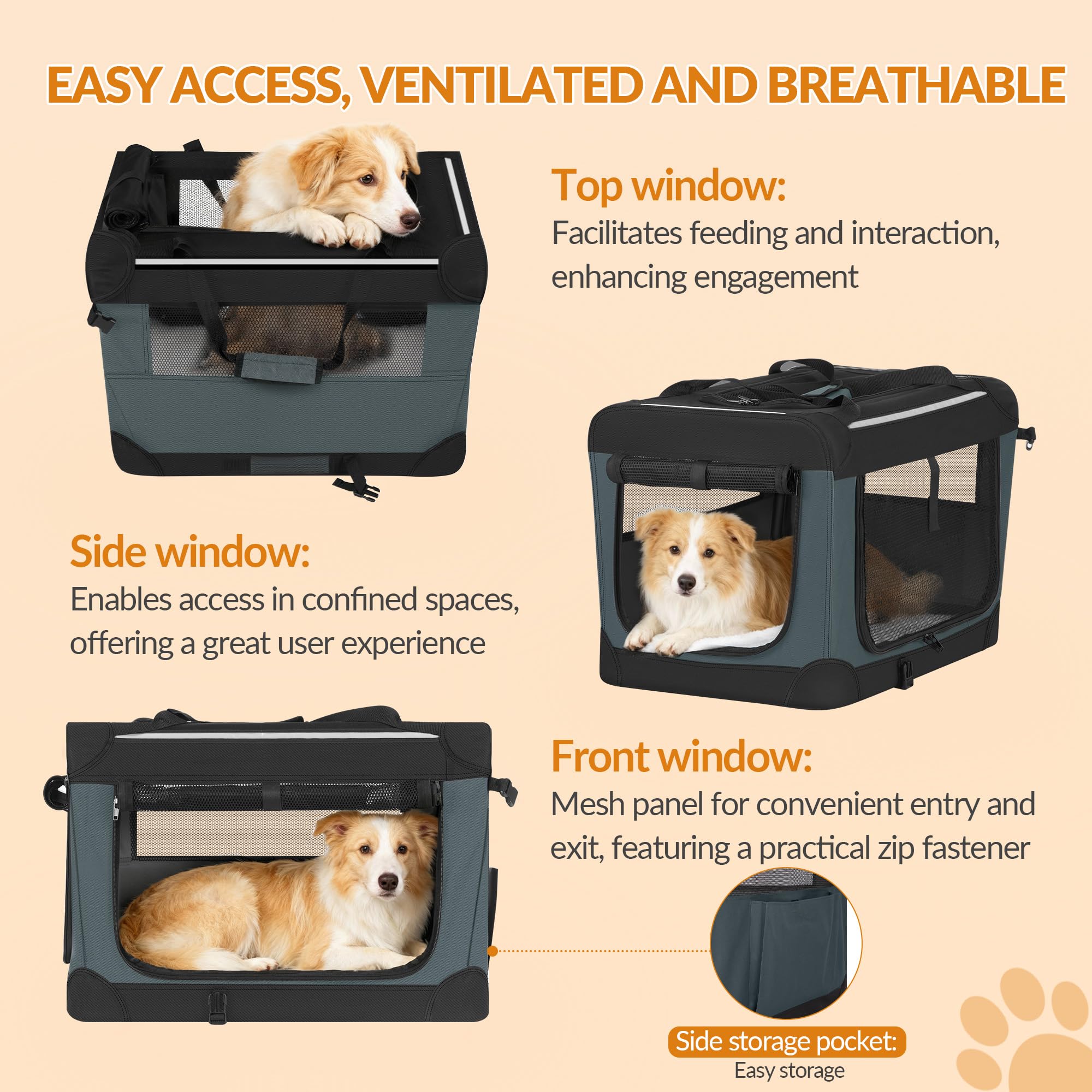 Transportín para Perros a 3 Puertas, 76,2 x 53,4 x 53,4cm, Gris | Transportín Portátil y Transpirable para Mascotas, Ribetes Reflectantes y Bolsillo Tasca, Uso en Interiores y Exteriores