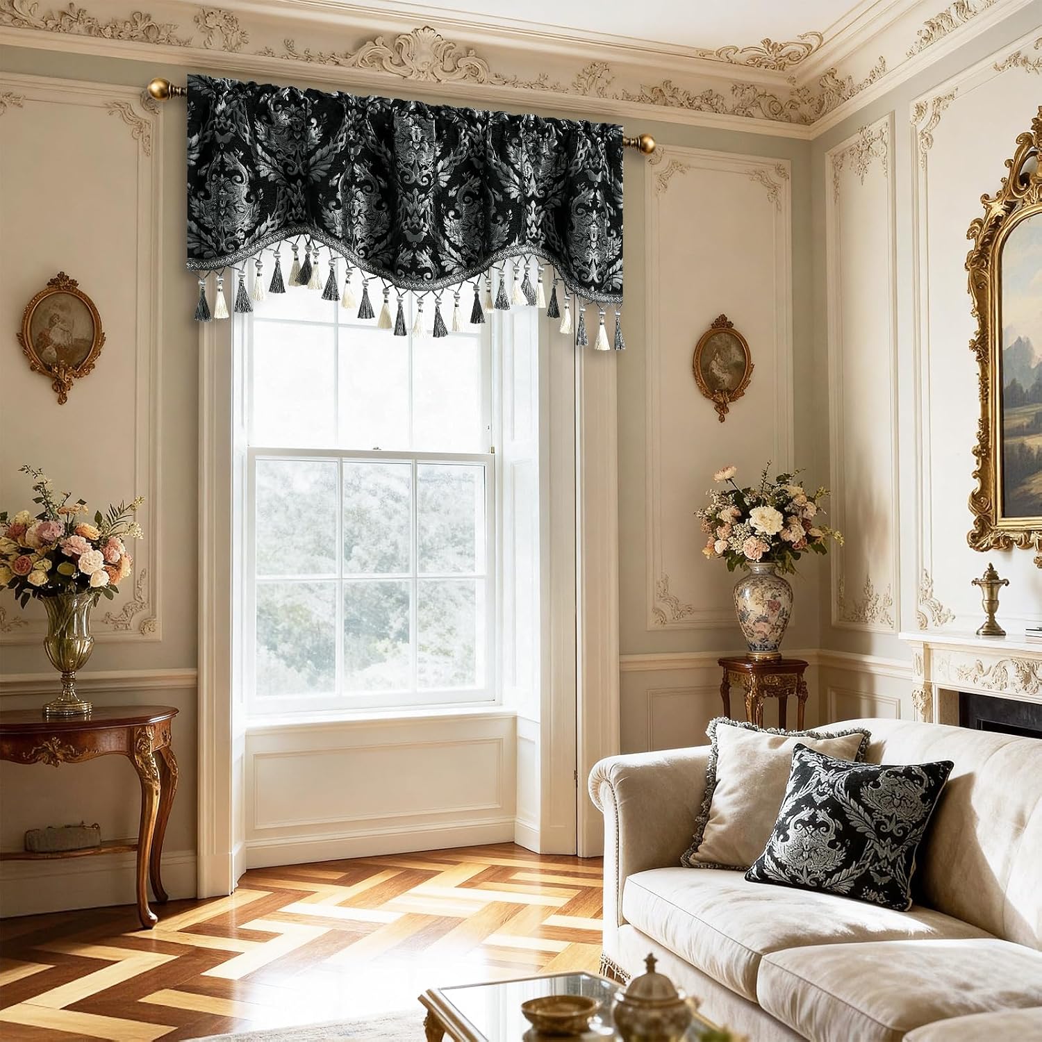 Leeva Black Damask Valances for Living Room, 52x18, European Jacquard Window Valance with Tassels, Rod Pocket Curtain Topper for Bedroom Dining Room