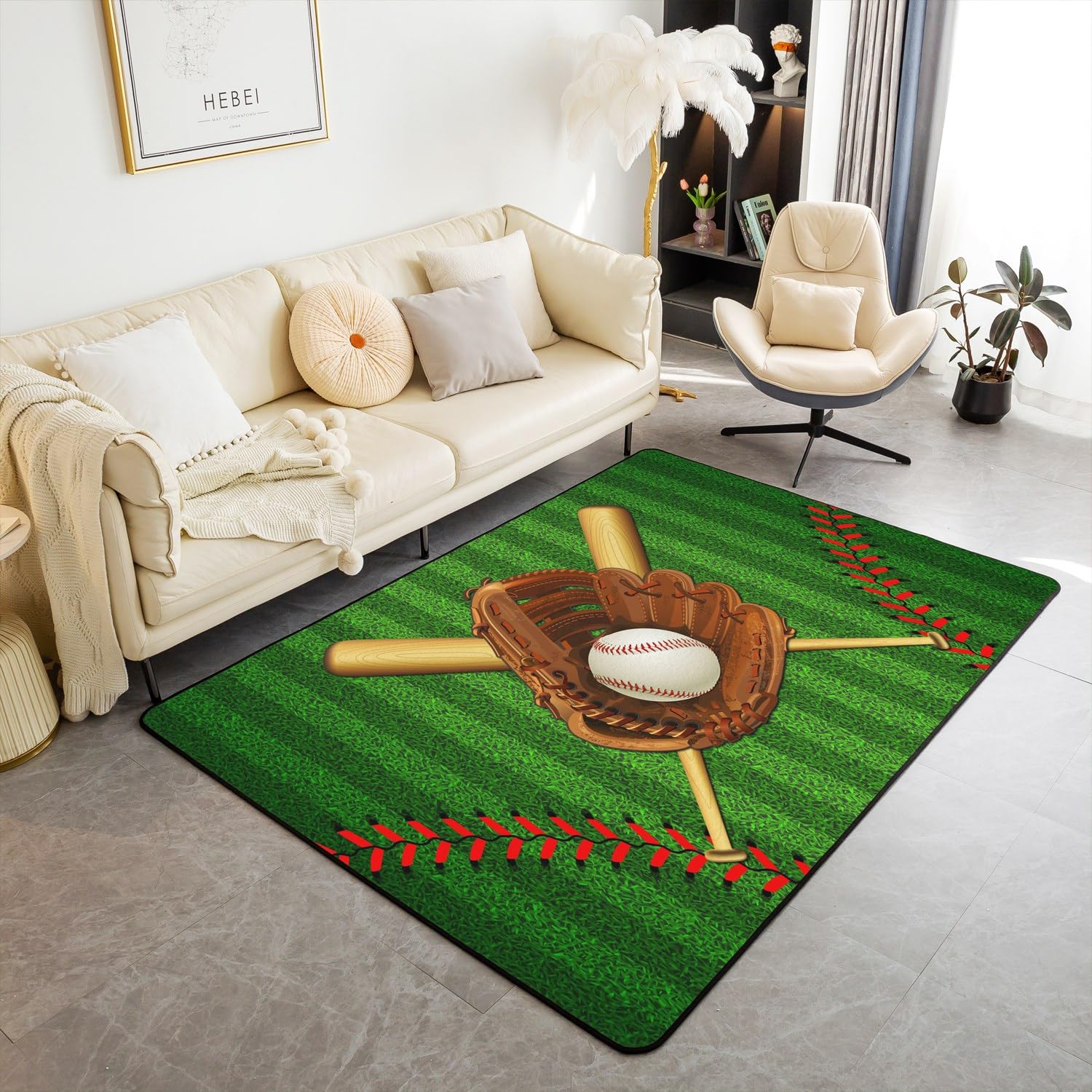 Sport Baseball Bereich Teppich 100x150,Sportfeld Streifen Gras Nicht Verschütten Teppich für Kinder Teens Erwachsener, Amerikanische Flagge Buchstaben Rutsch Teppich für Wohnzimmer Schlafzimmer