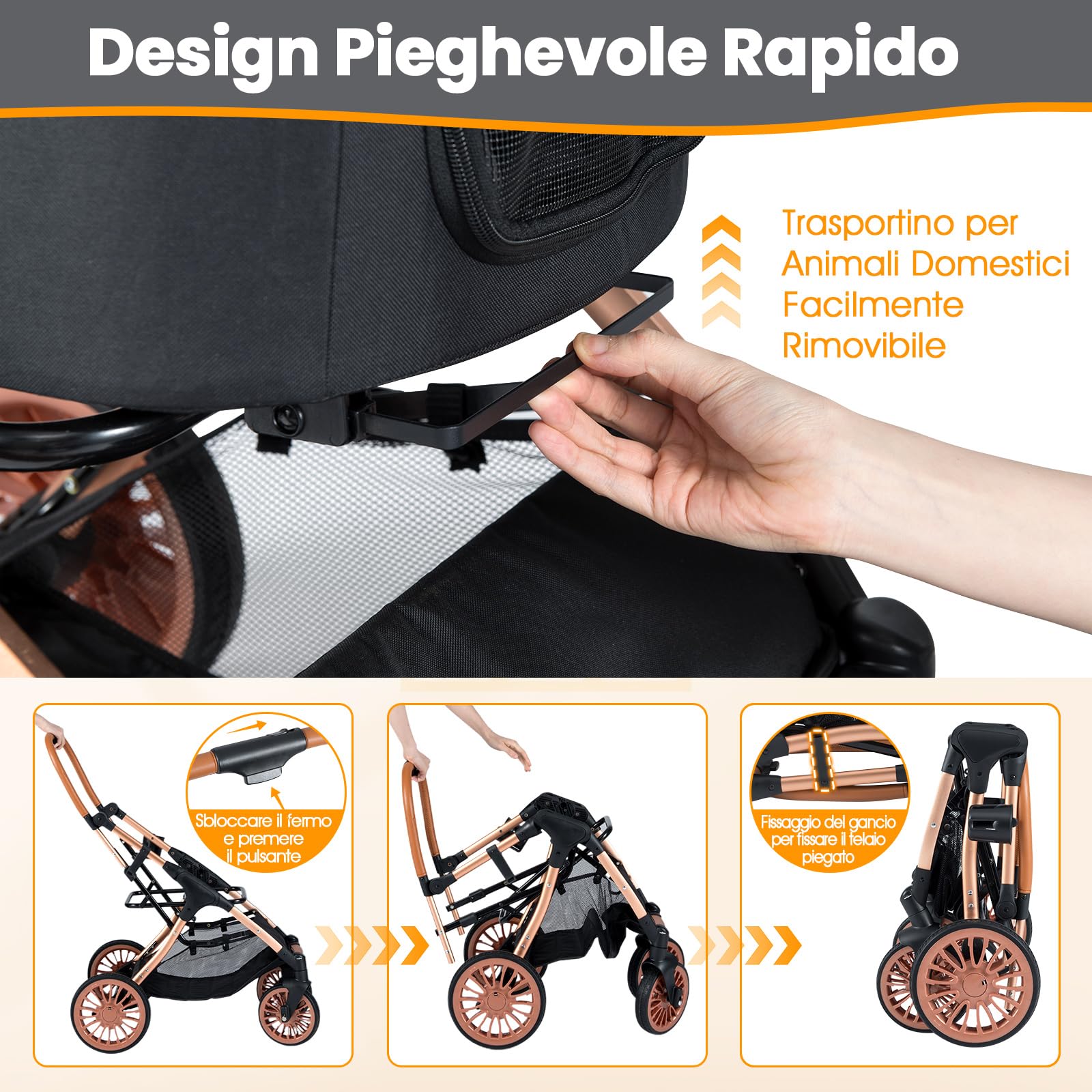 COSTWAY Passeggino Pieghevole per Cani 3 in 1, Carrozzino per Animali con Portapacchi Rimovibile, Tettuccio, Cuscino Rimovibile, Cintura di Sicurezza, Cestino e Portabicchiere, Portata 25 kg