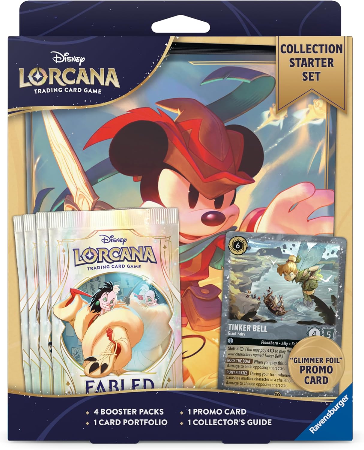 Ravensburger Disney Lorcana TCG - Collection Starter Set - Includes 4 Fabled Booster Packs, Mickey Mouse Card Portfolio, Glimmer Foil Tinker Bell Promo & Collector’s Guide