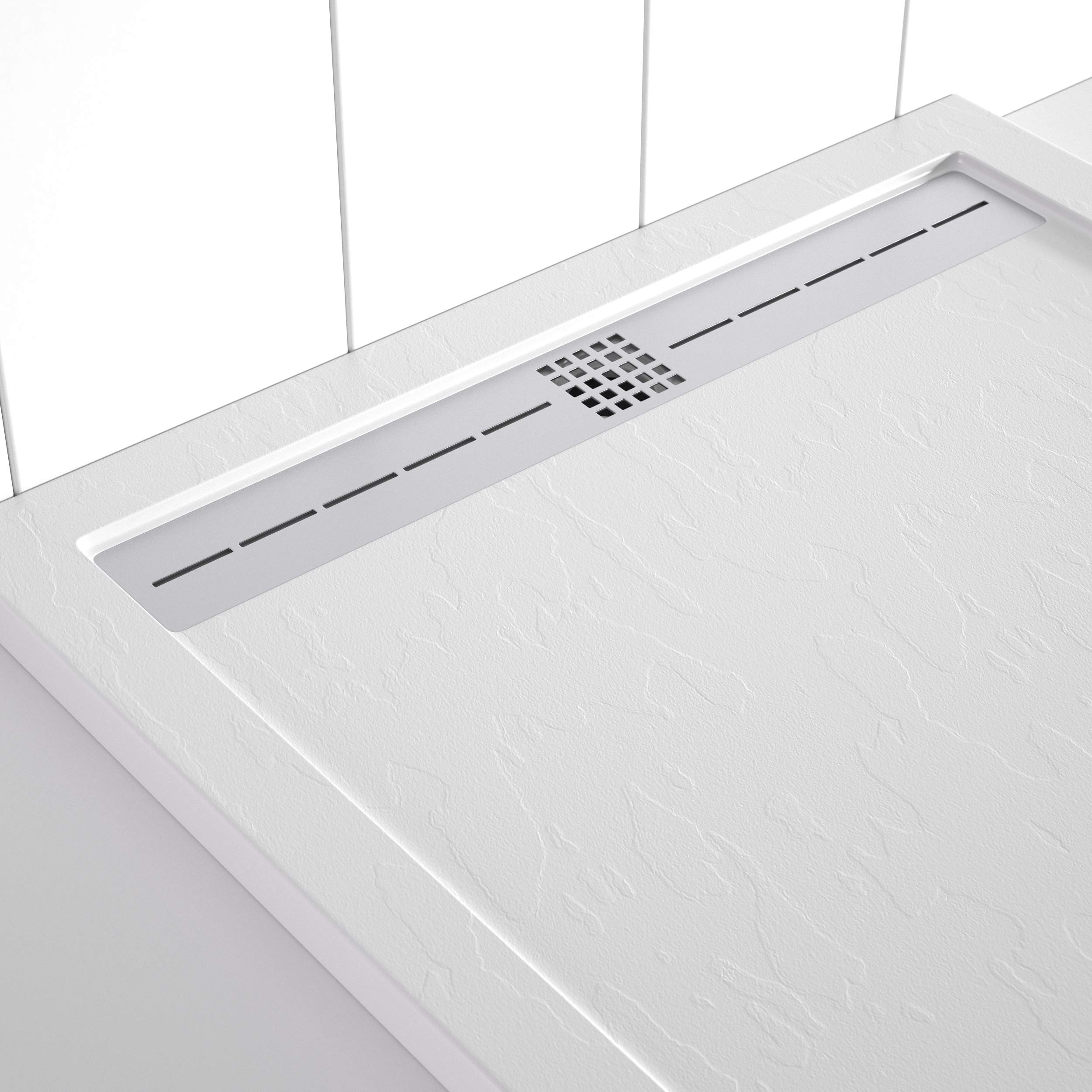 Plato de ducha resina FLOW desagüe lineal frontal color Blanco 90x70 textura pizarra antideslizante rejilla inox con válvula