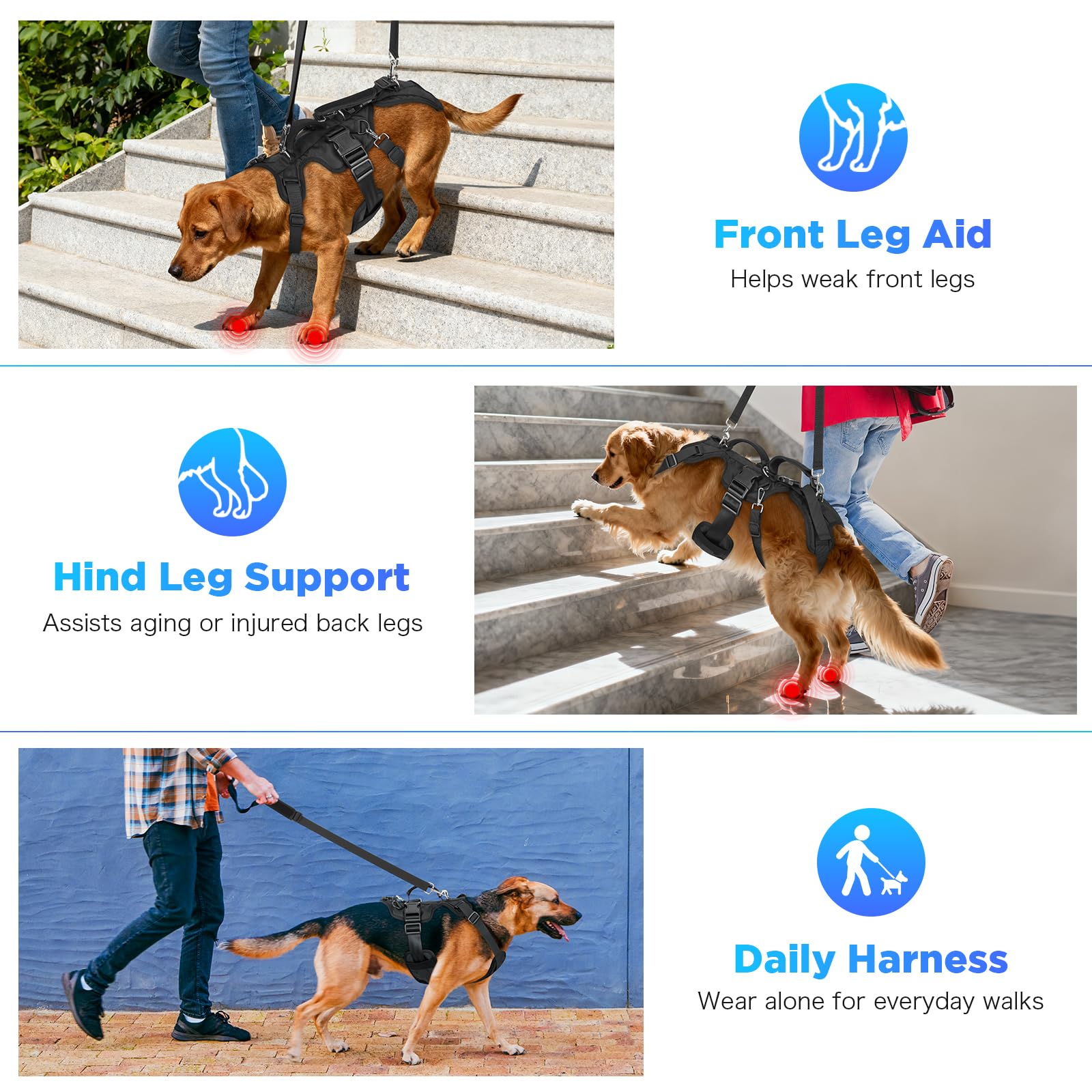 Arnés de elevación para perros, soporte de cuerpo completo y correa de recuperación con correa trasera para la pierna, diseño para perros grandes/medianos, arnés de ayuda de movilidad para mascotas