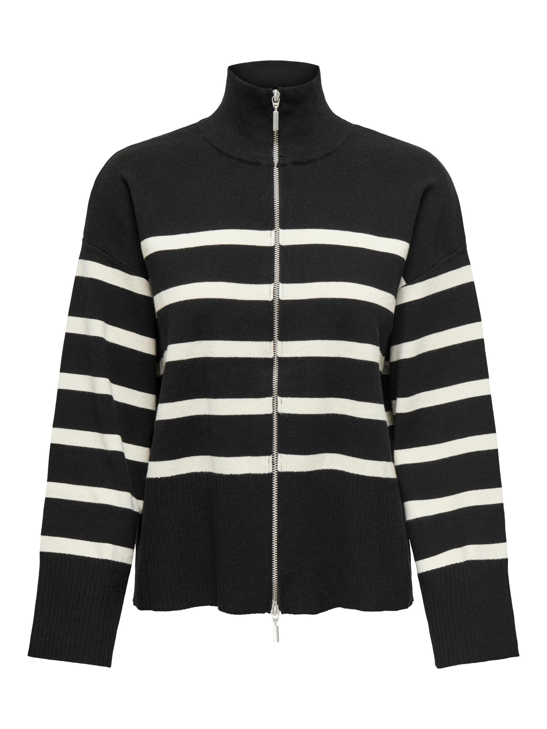 ONLY Onlvalley LS Highneck Zip Cardigan KNT, Black/Stripes: Birch, M
