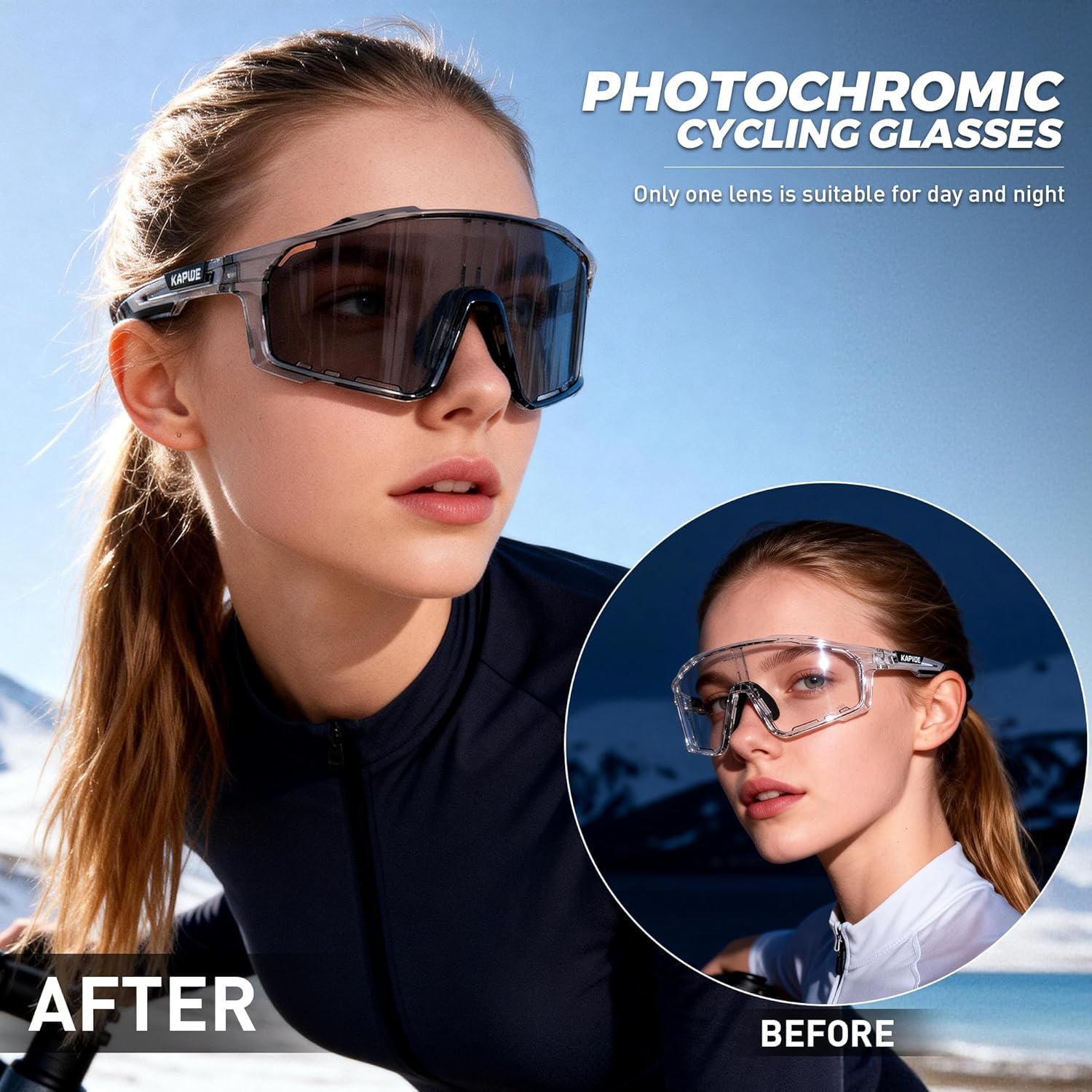 KAPVOE Photochromic Cycling Glasses for Men Women Sports Sunglasses Frame Discoloration HD Bike Glasses K76 - Image 2