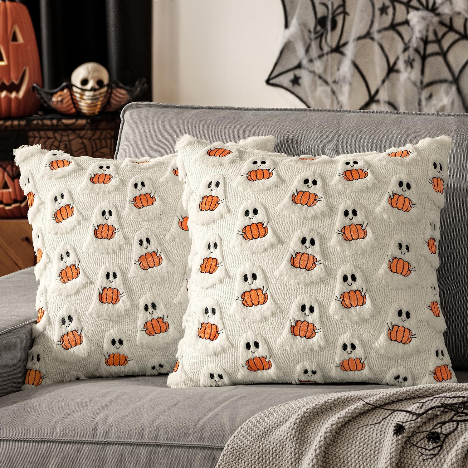 MIULEE Halloween Pillow Covers Decorative Fall Cute Ghost Plush Faux Fur Pillows 18x18 Inch Set of 2 Soft Pumpkin Accents for Sofa Couch Bed Living Room Festive Home Decor, Cream White Bright Orange