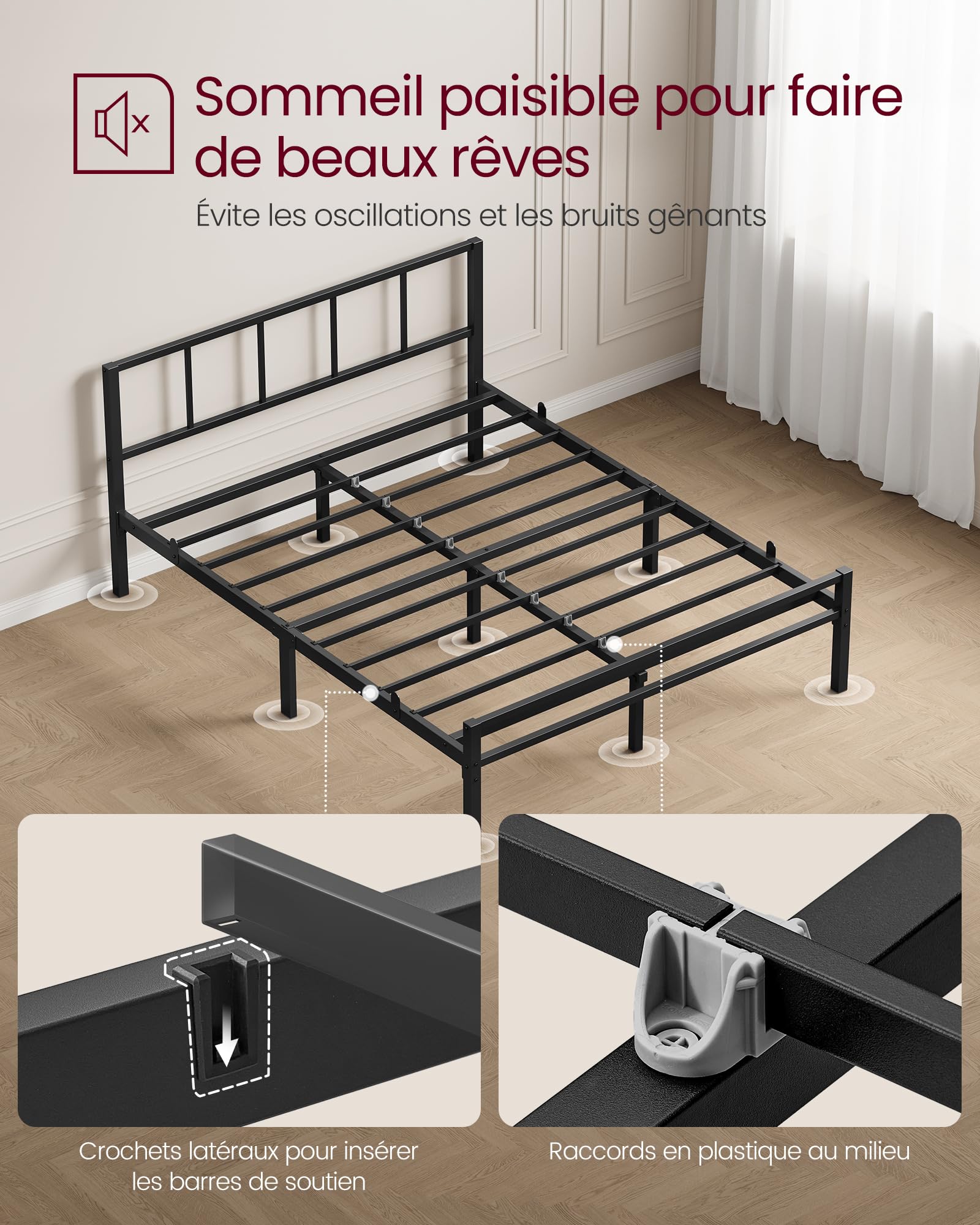 VASAGLE Cadre de Lit 140 x 190 cm avec Sommier, Tête de Lit, en Métal, Supporte Jusqu'à 500 kg, Montage Facile, pour Chambre, Noir d'encre RMB293B101