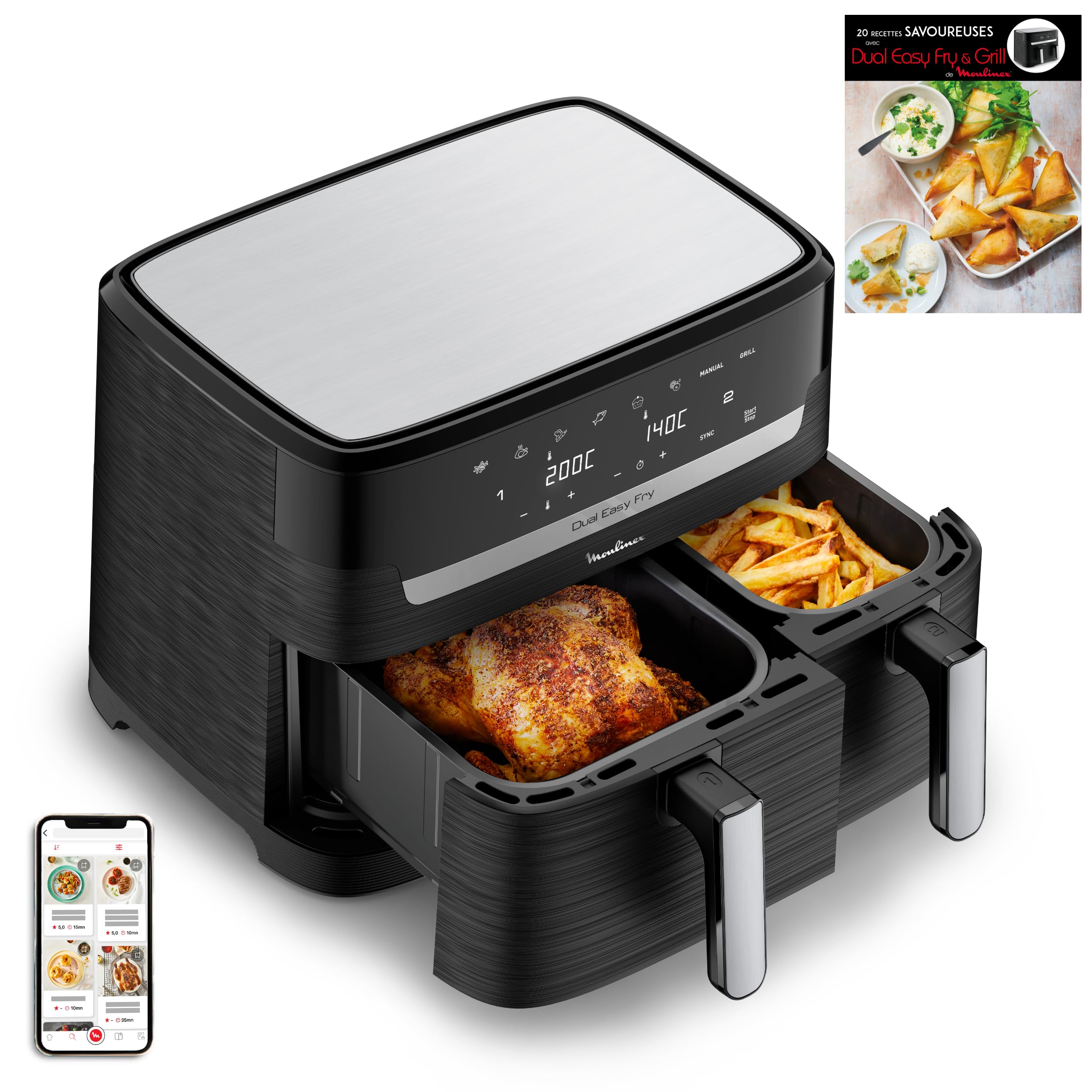 Moulinex Air Fryer, 2 Compartments + Book of 20 Recipes, XXL Capacity 8.3L, Up to 8 People, 7 Automatic Programs, Digital Touch Screen, Dual Essential Stainless Steel, YY5545FB