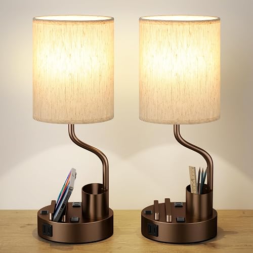 Bedside Table Lamps for Bedroom Set of 2 - Nightstand Lamp with AC Outlet Charging Port and USB A C, 3 Color Temperatures, Included Phone Holder & Pen Holder, Brown Night Stand Lamps for Guest Room