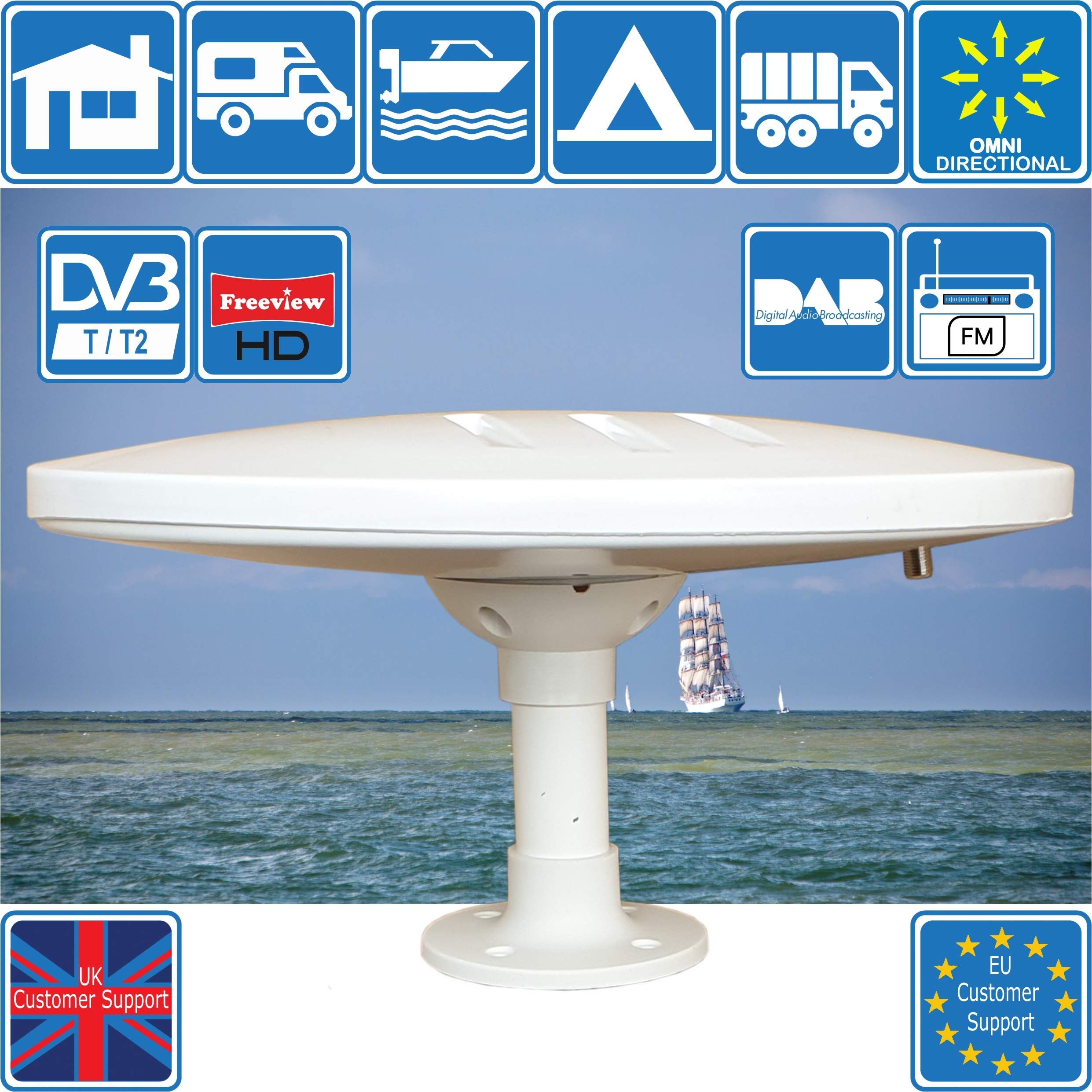 Helio-Magnet amplifiée numérique omnidirectionnelle d'antenne TV HD de Gain Haut 33dB TNT DVB-T2 FM Dab. 12V / 24V pour Camping-Car, Poids Lourd, Camion, Caravane, Bateau ou Camping par Unispectra®