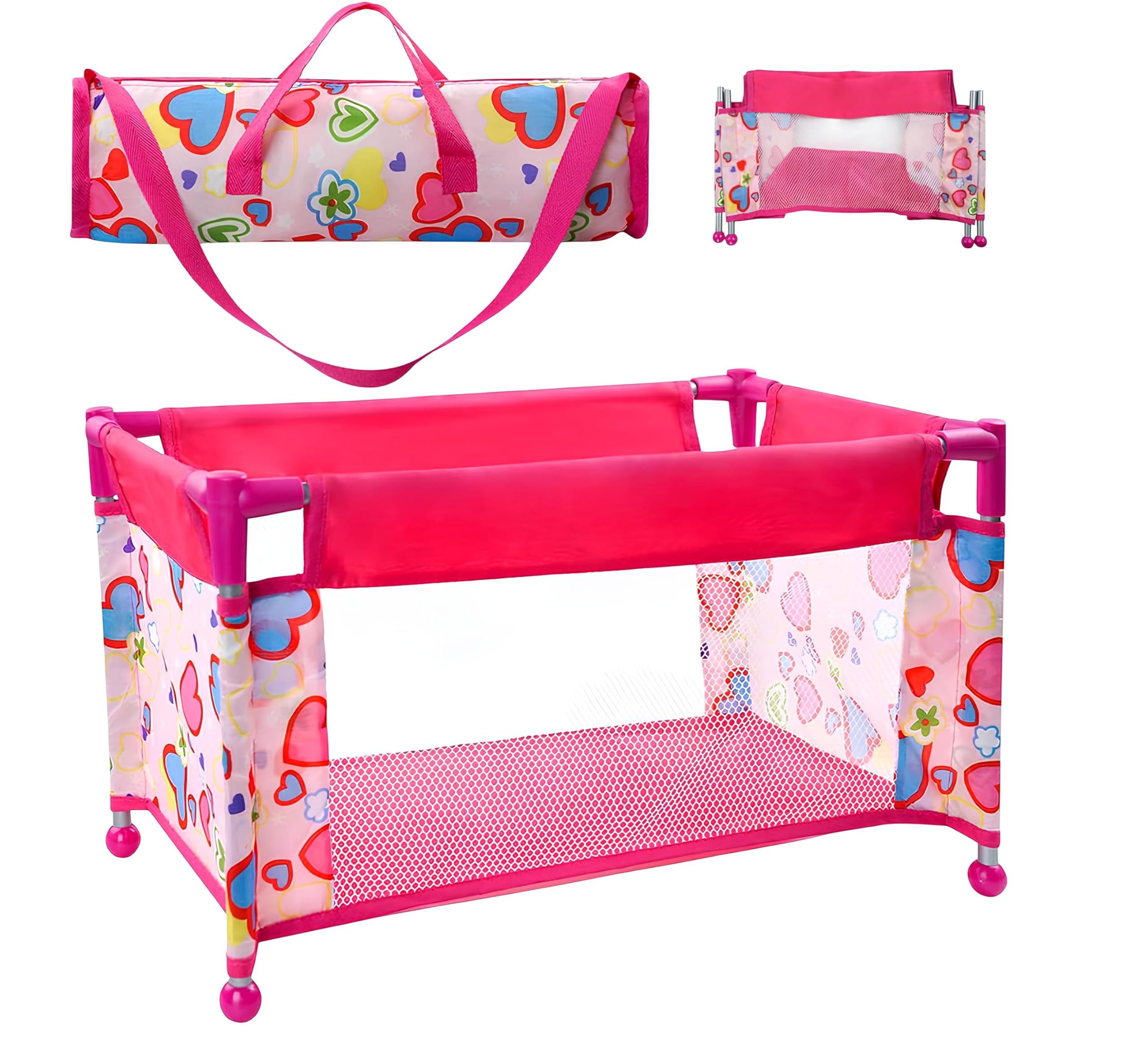 Lettino per Bambole Pieghevole Richiudibile Telaio in Metallo Sacca da Trasporto Culla Bambole Lavabile Trasportino Letto da Viaggio per Bambole con Borsa Mobili per Bambole Accessori,Fantasia Casuale