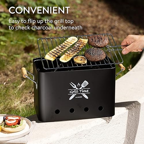 Miniatura 3 de Navaris Parrilla de carbón portátil para barbacoa - Barbacoa rectangular para acampar para asar plegable y portátil - Parrilla de carbón plegable