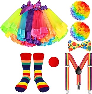 7 Pcs Girls Clown Costume Set Clown Rainbow Wig Rainbow Tutu Skirt Shoulder Strap Bow Socks Nose for Cosplay - Buy now