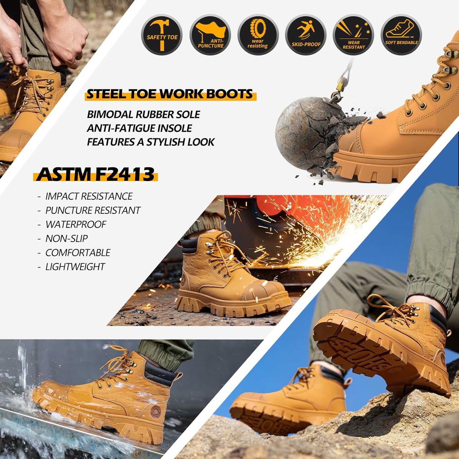 KELODON Waterproof Steel Toe Boots For Men 6 Inch Leather Steel Toe Shoes Non Slip Resistant Safety Work Boots Indestructible Lightweight Construction Boot - Image 3