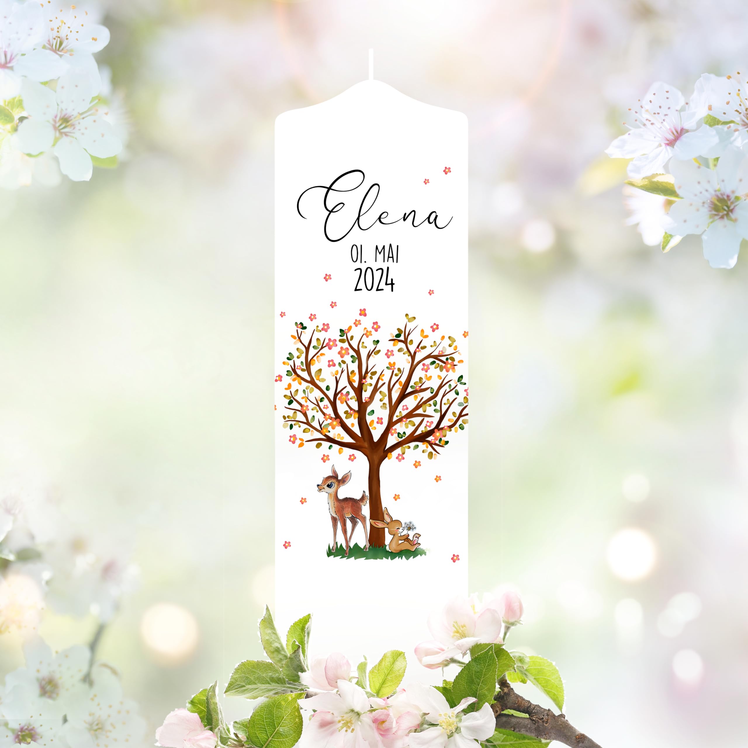 Bougie Baptême personnalisée Fille Garçon motif Arbre, Faon et Lapin – Cierge Baptême avec prénom, date et message – Bougie imprimée – cierge personnalisé – 25 x 7 cm