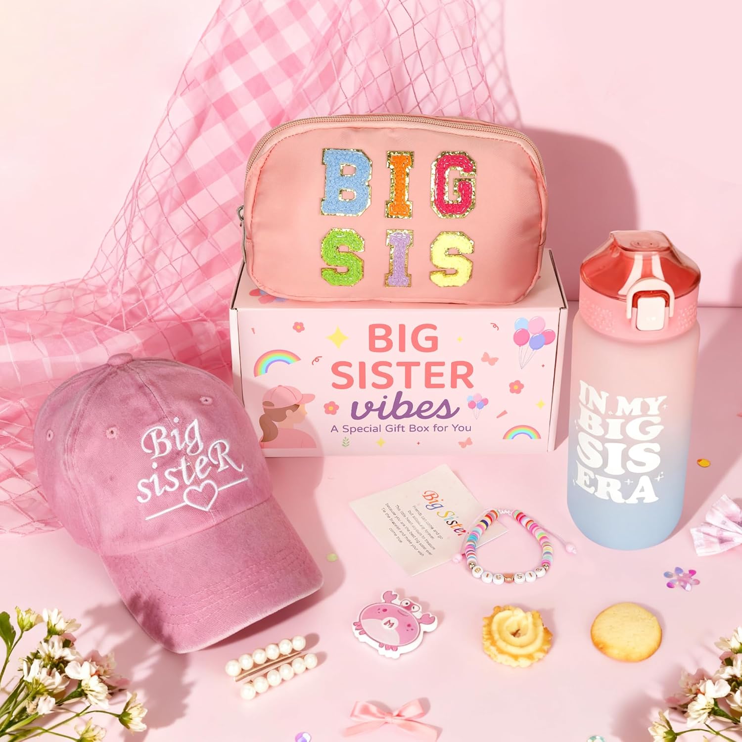 Big Sister Gifts for Girls – 4PCS Big Sister Gift Set with Cap, Fanny Pack, Water Bottle & Bracelet – Birthday Present or New Baby Sibling Gift