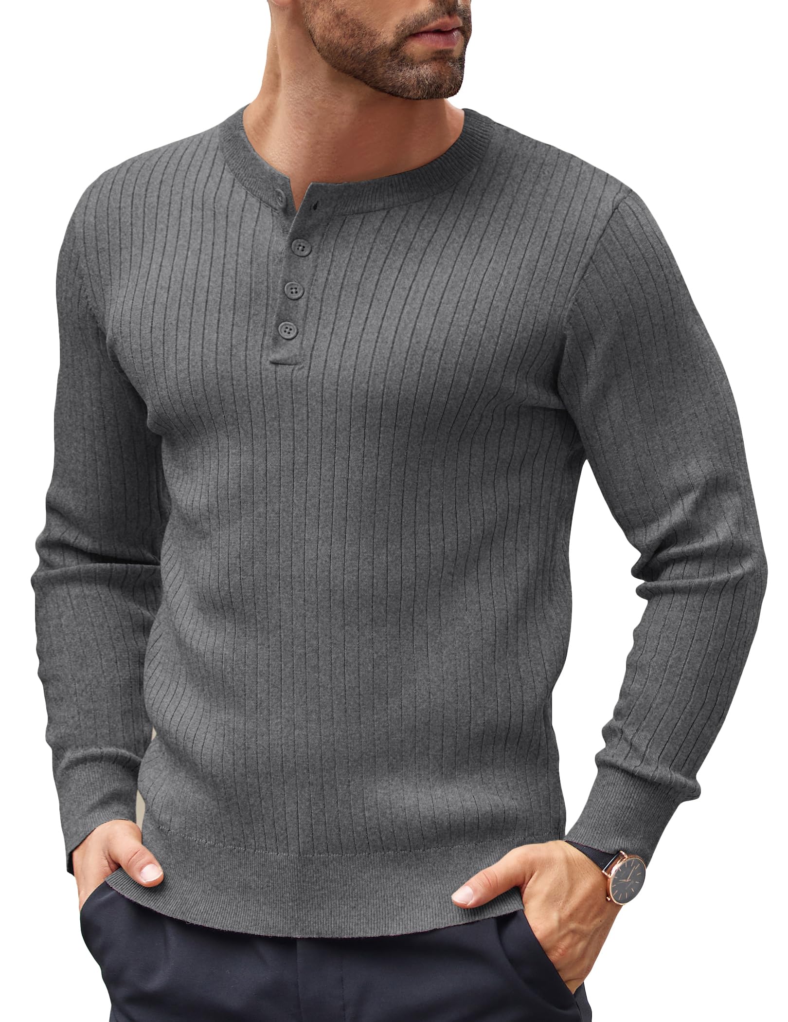 COOFANDY Herren Pullover Henley Shirt Strickpullover mit Knopfleiste Männer Langarmshirt Pulli Slim Fit