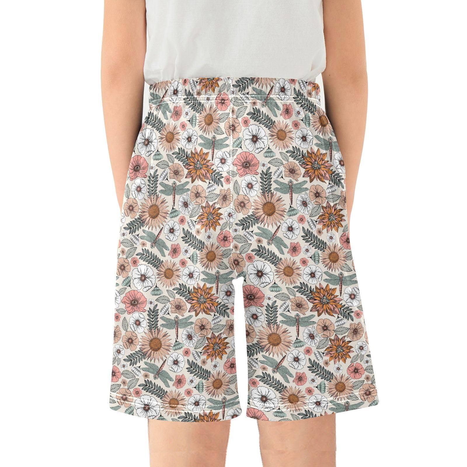 ALAZA Boho Flowers and Dragonflies Boys Athletic Shorts Kids with Pockets Shorts for boy Girl Size 6-8 Years Multicolor
