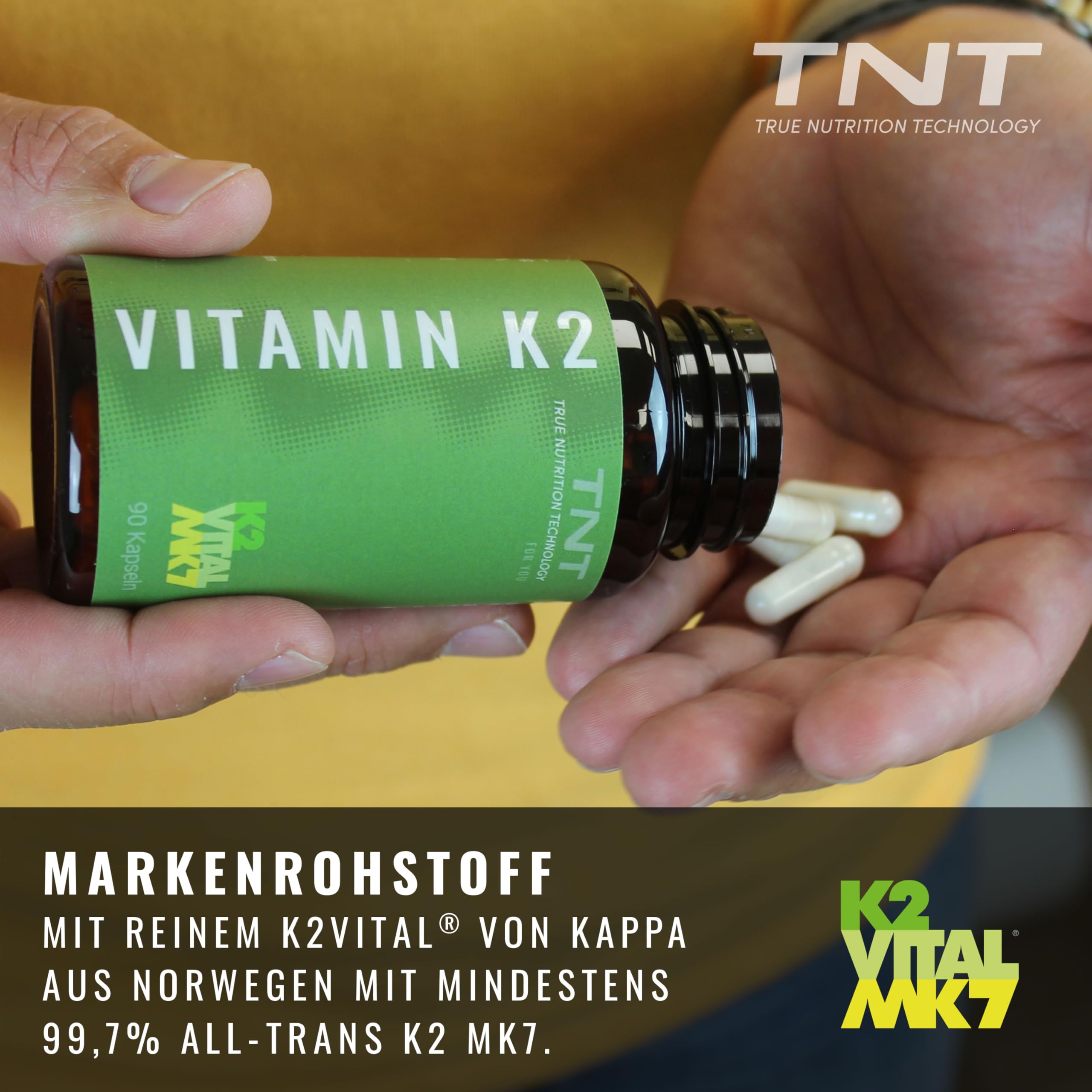 TNT Vitamin K2 (90 hochdosierte Kapseln) • Hochwertige MK–7 Form von Kappa • Laborgeprüfte Qualität • K2 Vitamin hochdosiert • 100% Vegan • Made in Germany
