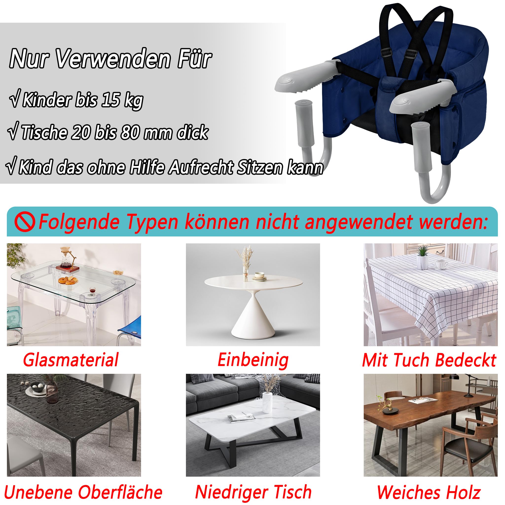 LZQ Seggiolino da tavolo per bambini da 6 a 36 mesi, pieghevole, per tavoli da 2 a 8 cm di spessore (blu)