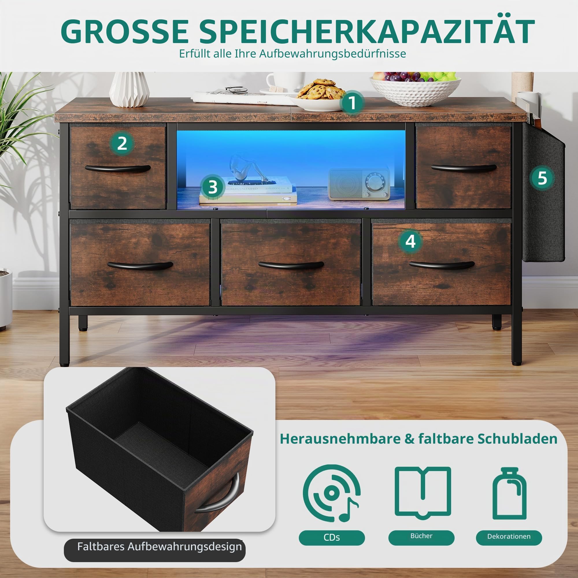 YITAHOME TV-Schrank, TV-Ständer für Wohnzimmer mit 5 faltbaren Schubladen und Regalen, TV-Ständer mit RGB-LED-beleuchtetem TV-Gaming-Entertainment-Center mit Schrank für PS5 (braun)