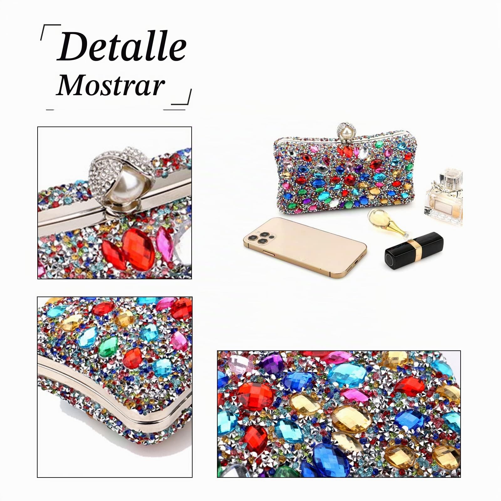 Bolsa de Noche para Mujer Diamantes de Imitación Clutch Bolsa de Noche Pequeña Elegante Bolso de Hombro Bolso de Boda Lujoso Fiesta de Graduación Banquete Bolsos Bandolera Plata