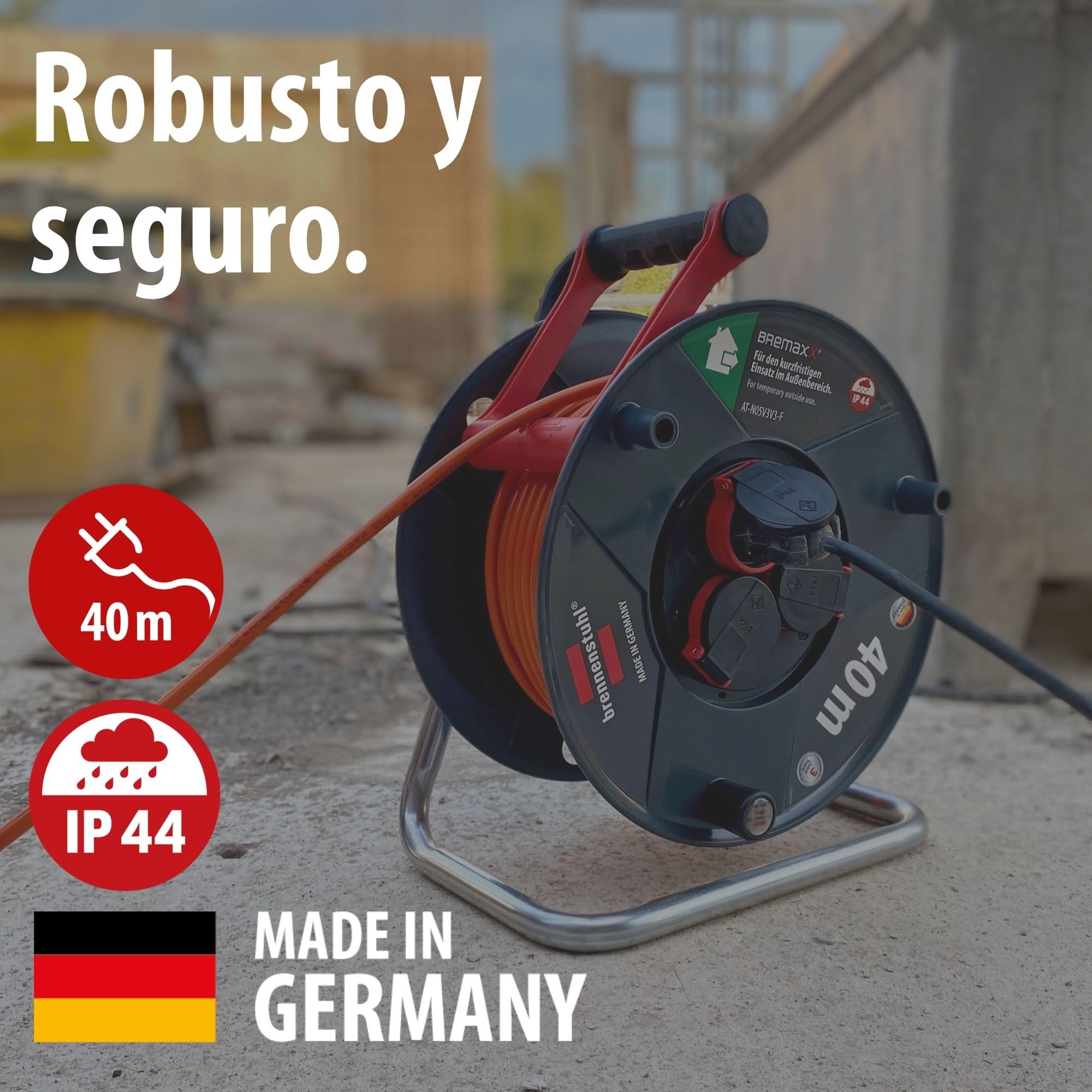 Brennenstuhl Garant V2 IP44 Enrollacables 40m exterior (Fabricado en Alemania, 3 tomas con conexión a tierra, protección contra sobrecalentamiento, uso a corto plazo en el exterior)
