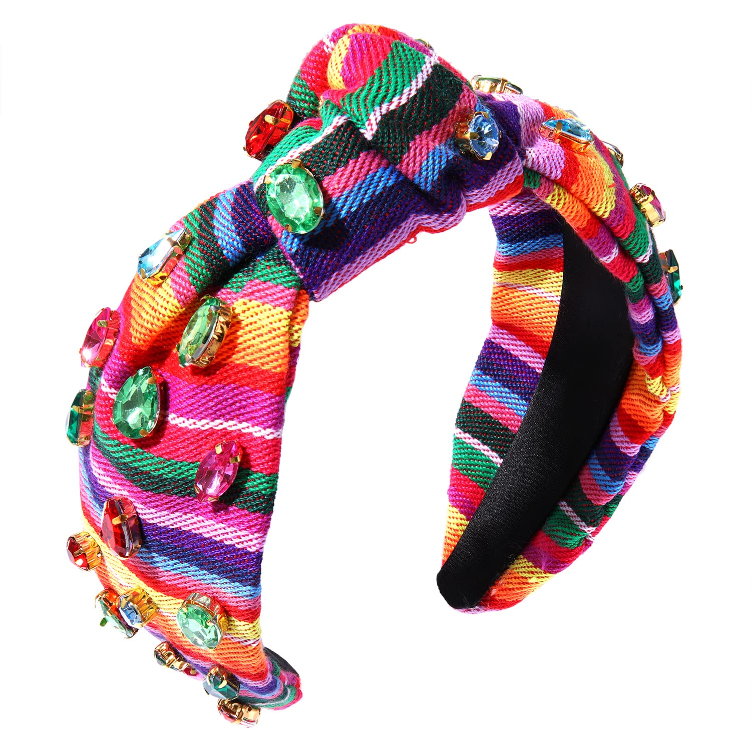 HSWE Crystal Velvet Headband Cross Knotted Turban Headdress Colorful rhinestone Statement Wide Hair Band Hoop Accessories For Women (Colorful)