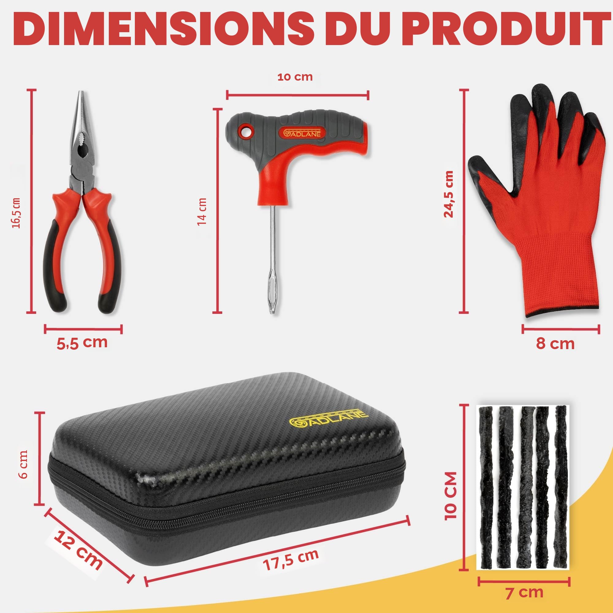 GADLANE Kit de réparation de pneus sans chambre à air – Kit de réparation de pneu plat de 7 pièces pour voiture, moto, camion, VTT, Jeep, tracteur et plus – Kit de réparation de crevaison de pneu de