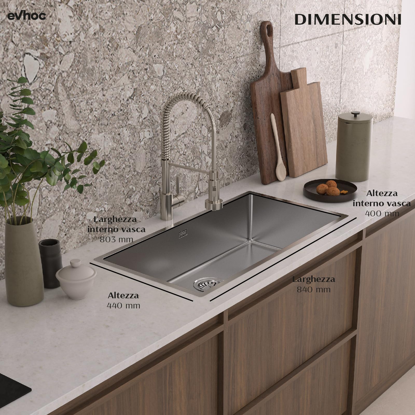 EVHOC Lavello Cucina Sopratop 1 Vasca 84x44 cm, Lavandino in Acciaio Inox Vasca Unica con Finitura Satinata, Piletta e Sifoni Inclusi, Made in Italy, LUMIUM XXL