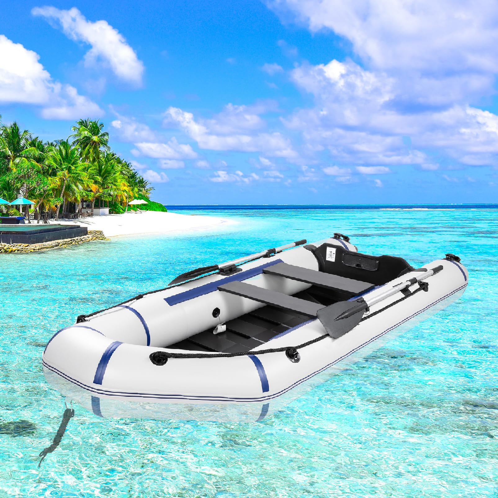 10ft Inflatable Dinghy Boat for 2 Adults, PVC Kayak-Style Pontoon Raft Tender Boat with 2 Paddles and Foot Pump, 726 lb Capacity, Portable Heavy-Duty Fishing Boats for Water Sports (Grey & White)