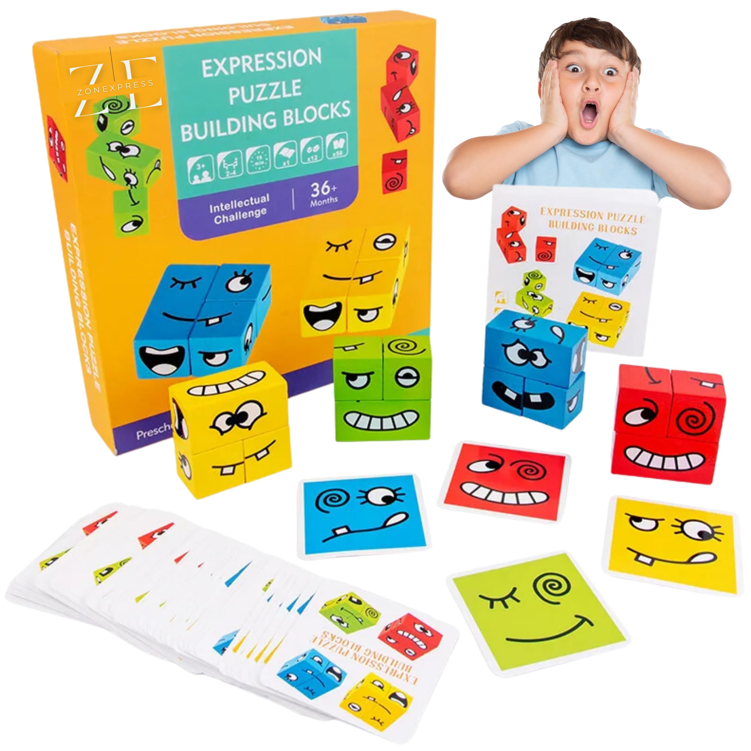 ZE ZONEXPRESS© - Expression Puzzle Building Blocks - Wooden Face Montessori - Face-Changing Magic Cube Challenge and Logical Thinking Training Board Games