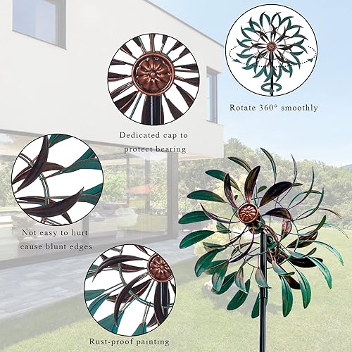 Vista 29 de Stargarden Molinillos de viento para exteriores, molinillos de viento cinéticos grandes de metal con estaca de metal estable, esculturas de viento