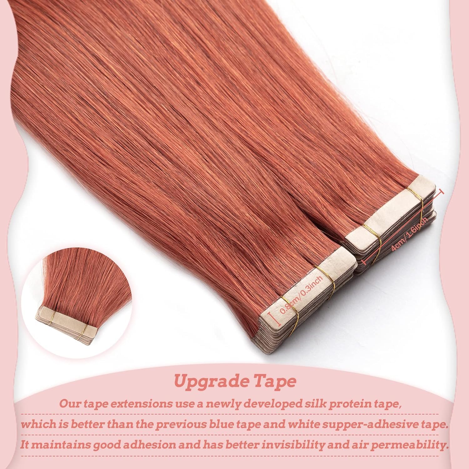 Hotlulana Extension Capelli Veri Biadesivo Rosso rame(#350)Extension Capelli Veri 20Pollici 20pcs 50cm 50g Invisible Extension Biadesive Capelli Veri Remy Skin Weft Tape in Hair Extensions Human Hair