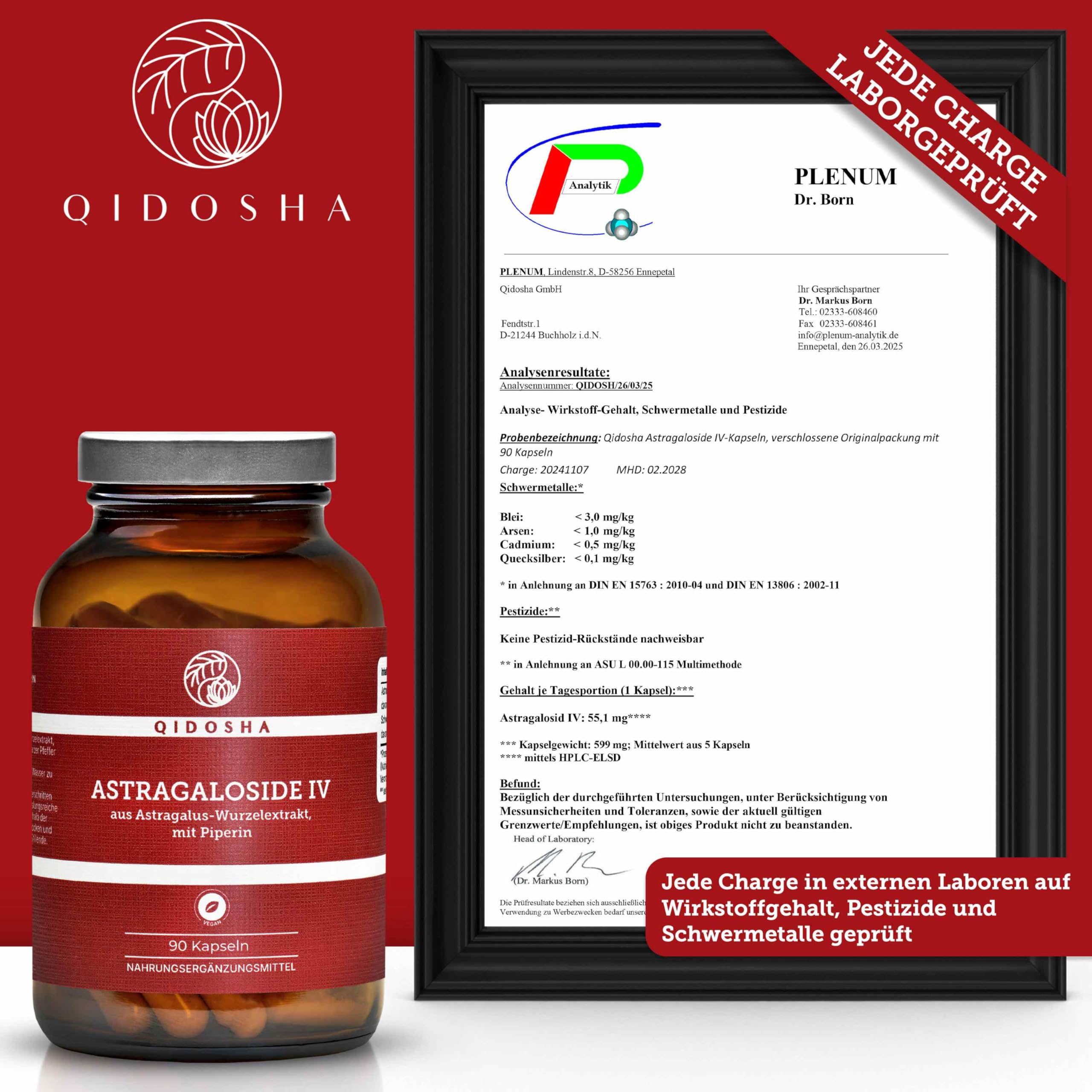 QIDOSHA® Astragaloside IV aus Astragalus-Wurzelextrakt plus Piperin, höchster Astragalosid IV Gehalt, 90 Kapseln im Apothekerglas, deutsche Fertigung, jede Charge laborgeprüft