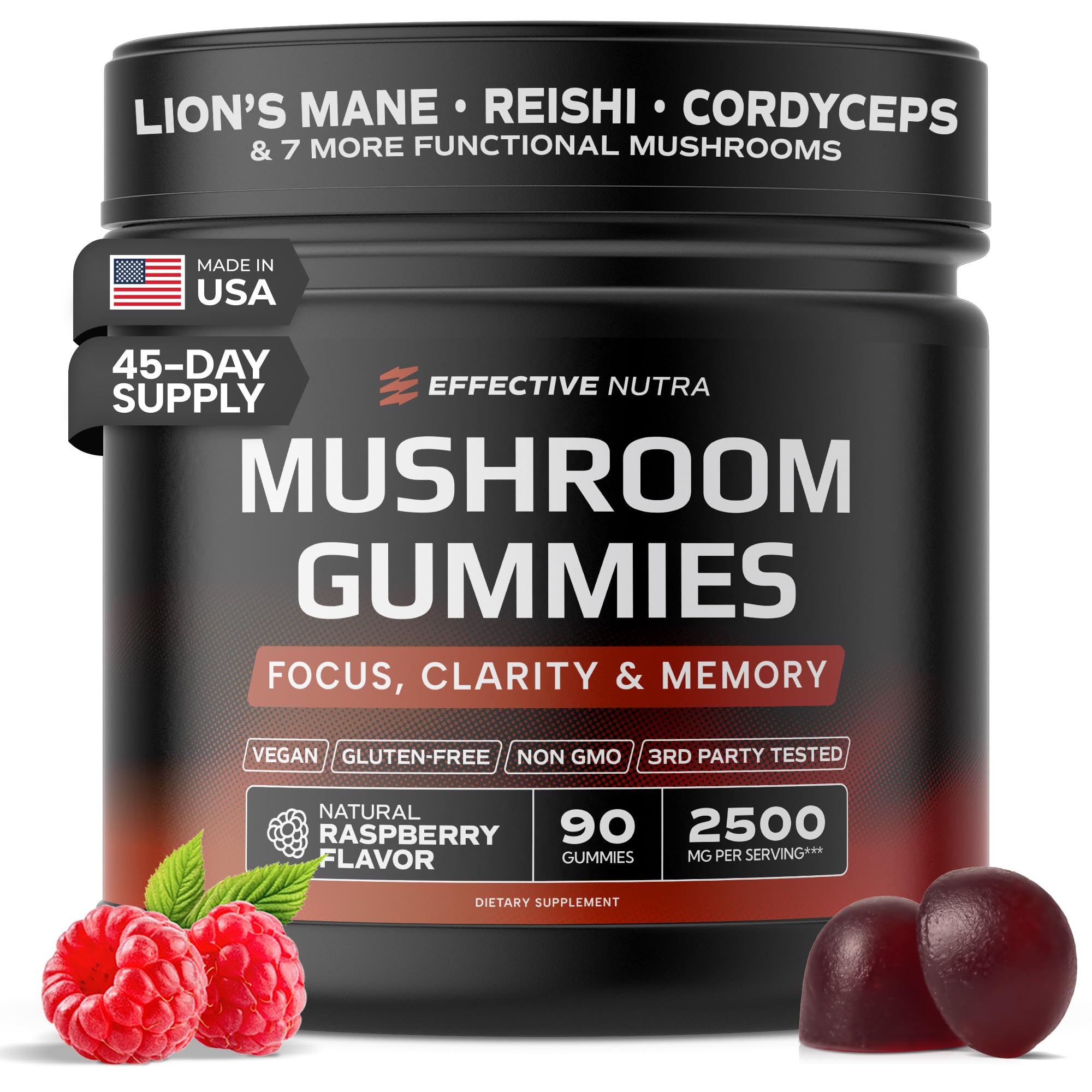 Mushroom Gummies - 10 Mushroom Blend 2500 mg - Lion's Mane, Reishi, Cordyceps - Focus, Clarity & Memory - Vegan, Gluten Free (90 Ct)