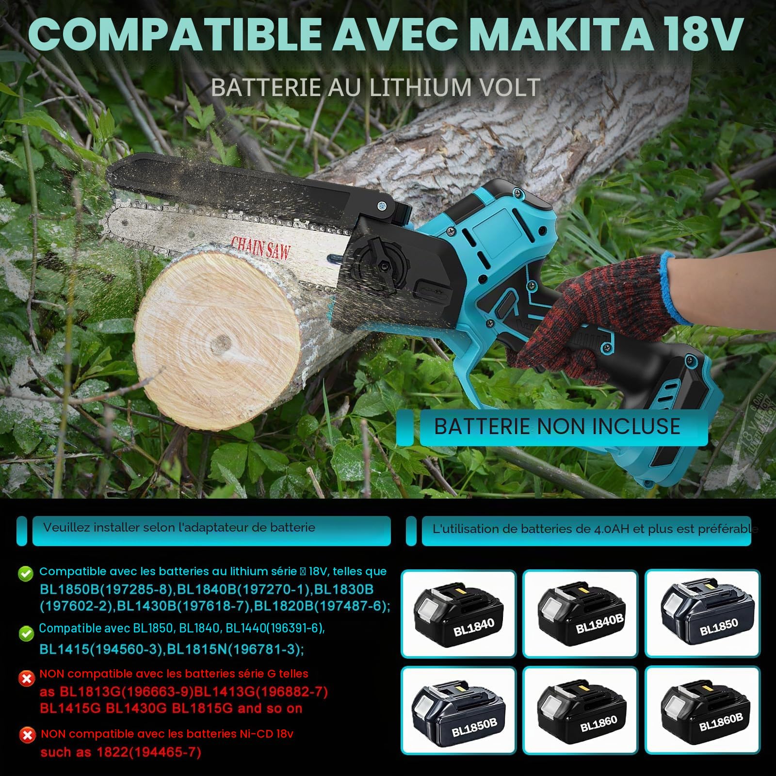 Mini tronçonneuse et Secateur Télescopique compatible avec Makita 18 V | sans batteries 4 en 1 Perche Élagueuse Secateur à Batterie sans fil avec Perche petite scie de verrouillage de sécurité